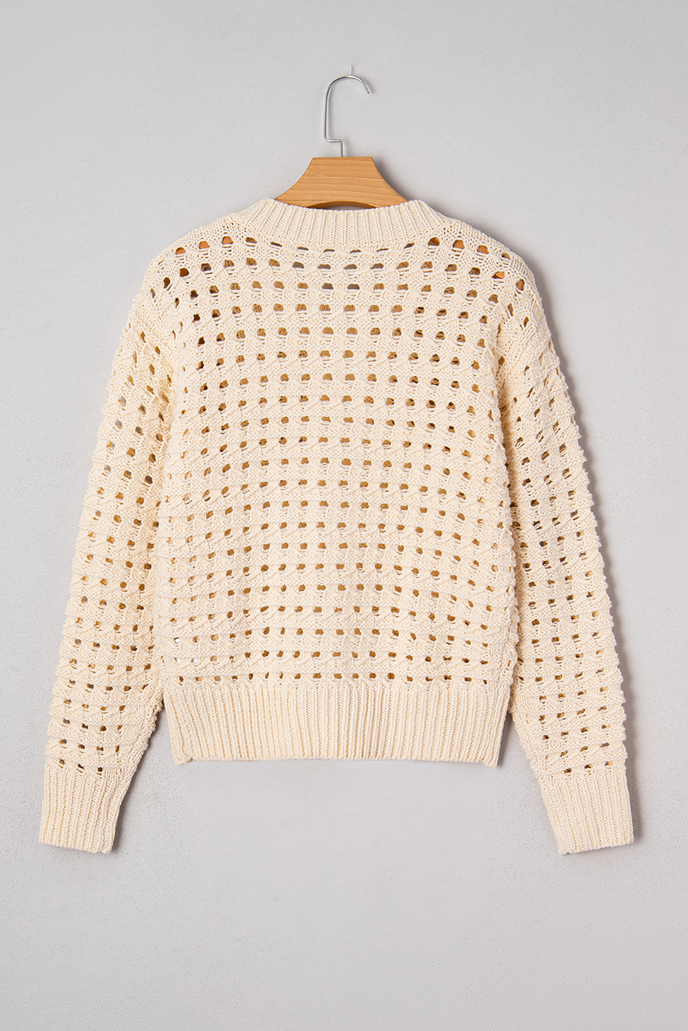 Beige Hollowed Pattern Knit Zip Up Drop Shoulder Sweater Cardigan view 17