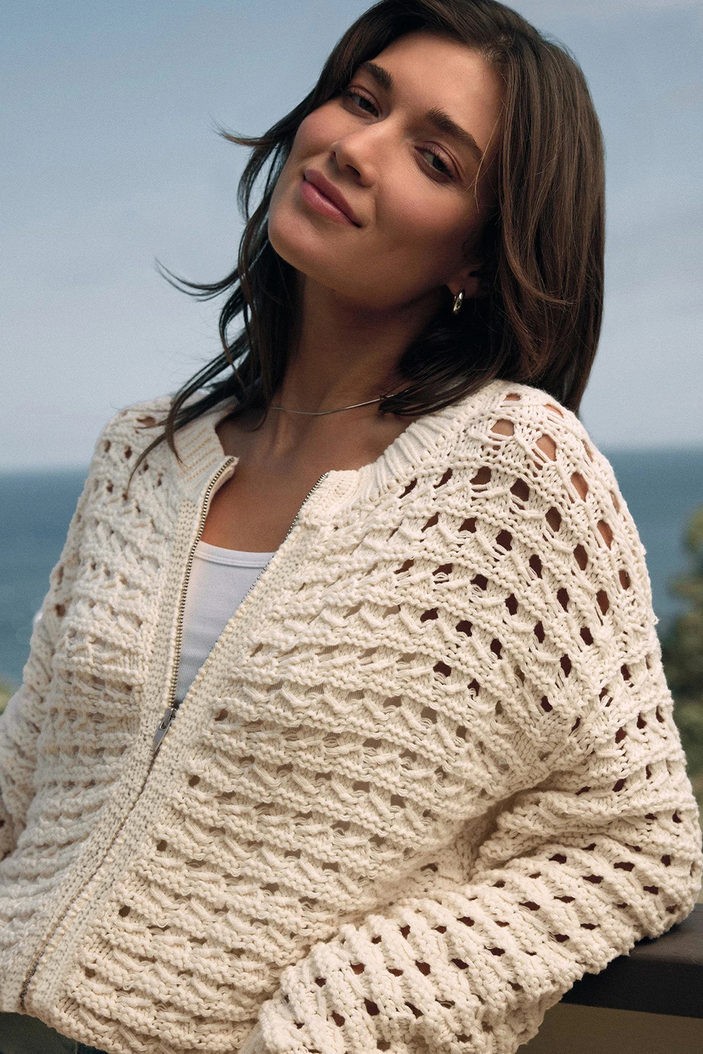 Beige Hollowed Pattern Knit Zip Up Drop Shoulder Sweater Cardigan view 14