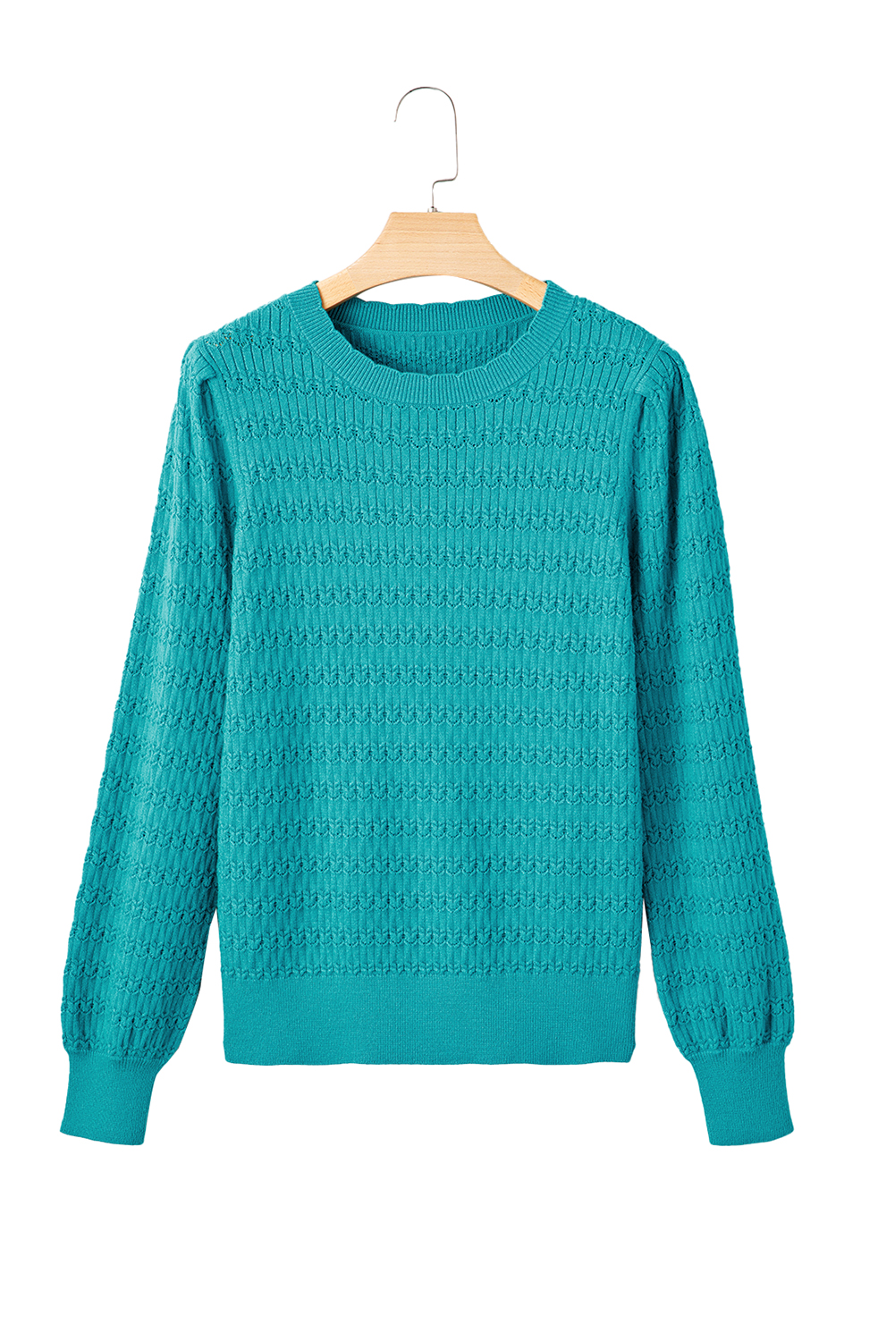 Sea Green Trendy Pattern Knit Ribbed Cuffs Crew Neck Sweater view 20