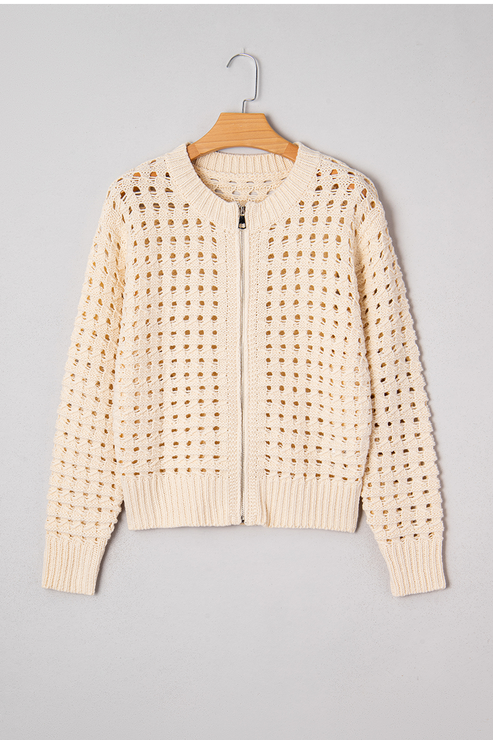 Beige Hollowed Pattern Knit Zip Up Drop Shoulder Sweater Cardigan view 16