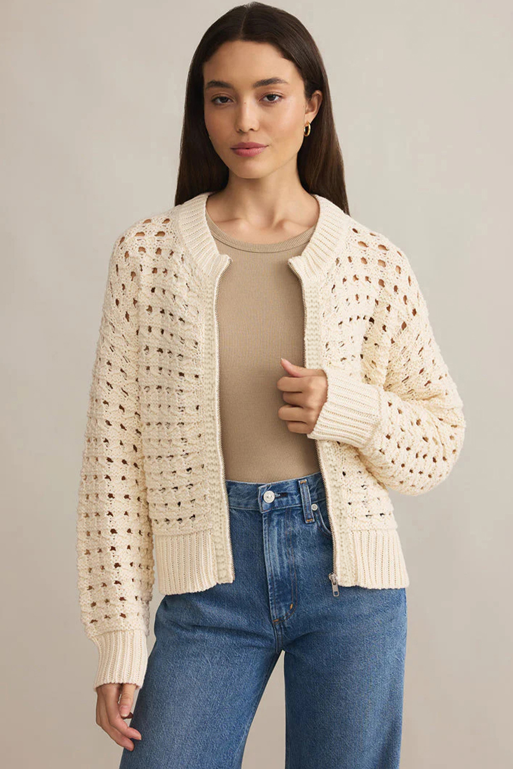 Beige Hollowed Pattern Knit Zip Up Drop Shoulder Sweater Cardigan view 15