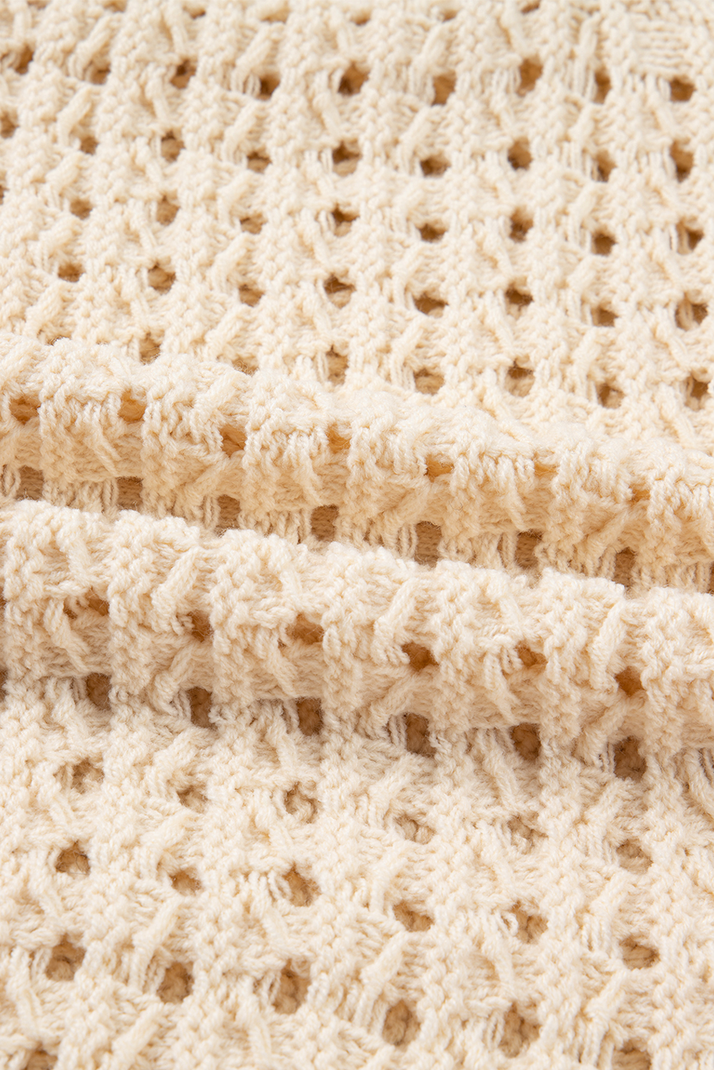 Beige Hollowed Pattern Knit Zip Up Drop Shoulder Sweater Cardigan view 19
