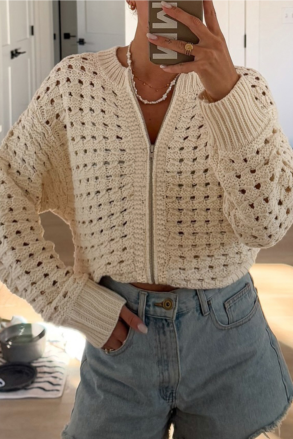 Beige Hollowed Pattern Knit Zip Up Drop Shoulder Sweater Cardigan view 12