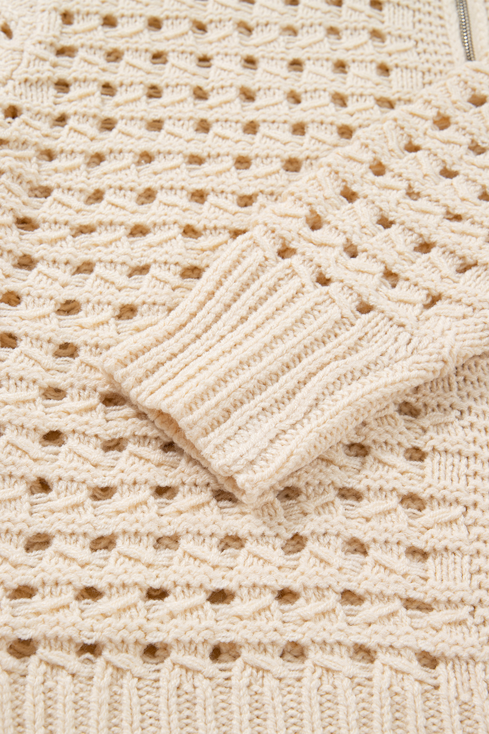 Beige Hollowed Pattern Knit Zip Up Drop Shoulder Sweater Cardigan view 21