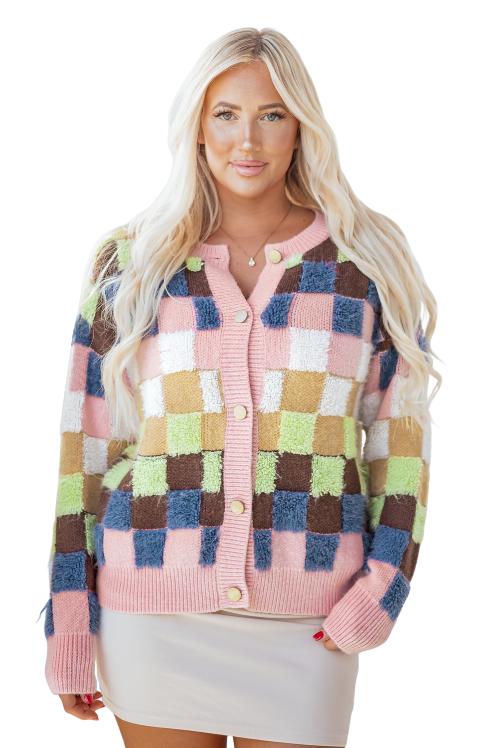 Multicolour Plush Checkered Pattern Button Front Cardigan Sweater view 22
