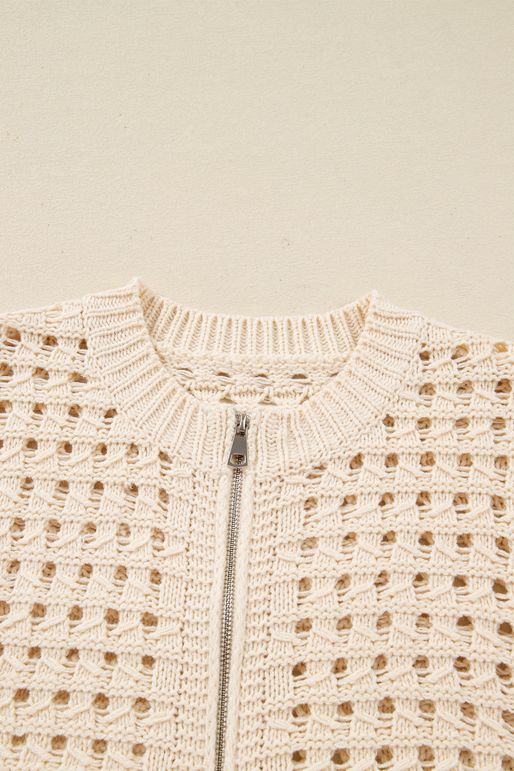 Beige Hollowed Pattern Knit Zip Up Drop Shoulder Sweater Cardigan view 23