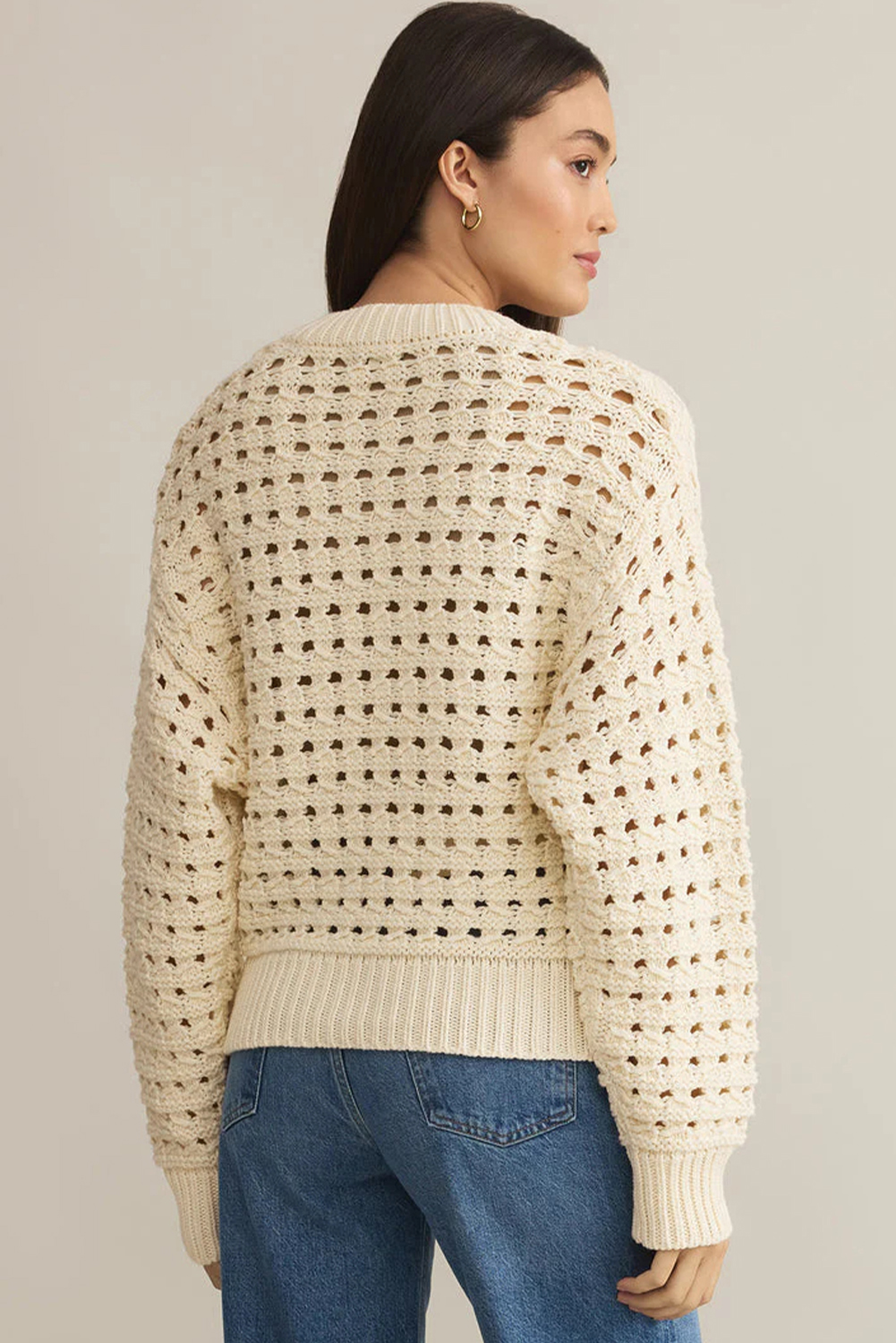 Beige Hollowed Pattern Knit Zip Up Drop Shoulder Sweater Cardigan view 10