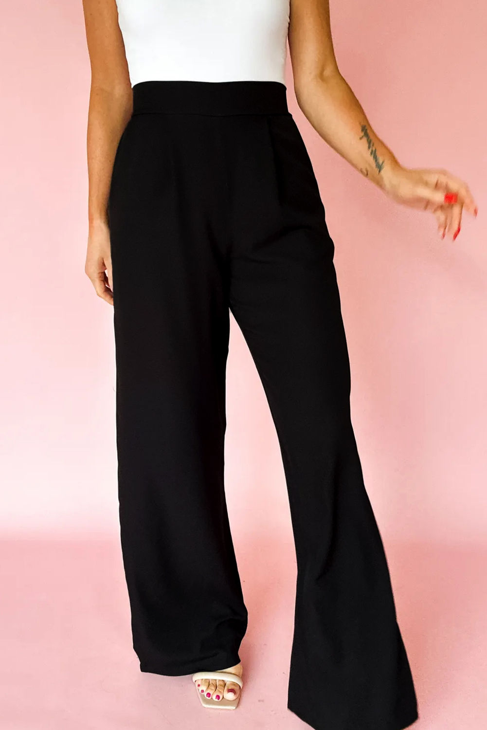 Black Pleated Detail Pull On High Elastic Waist Loose Straight Pants view 2