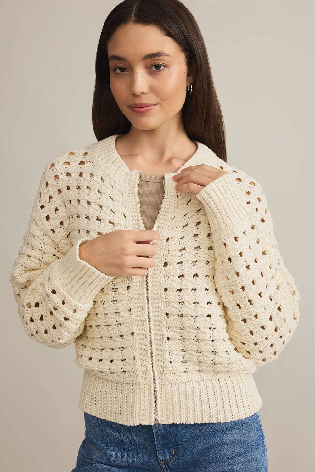 Beige Hollowed Pattern Knit Zip Up Drop Shoulder Sweater Cardigan view 13