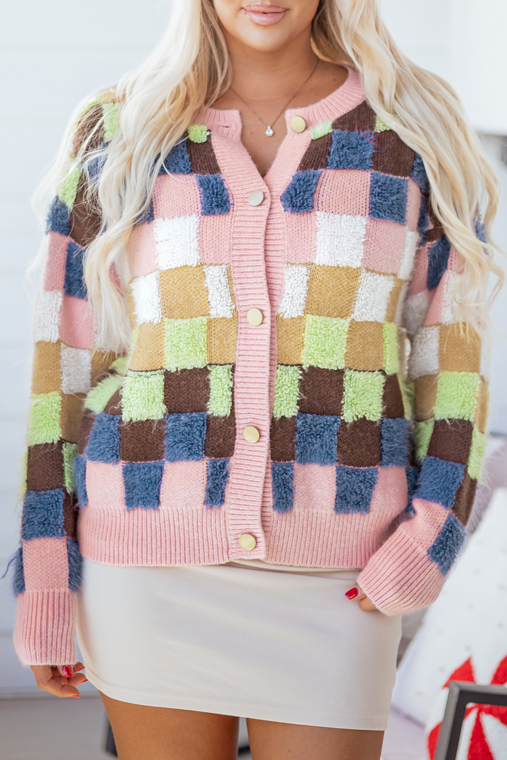 Multicolour Plush Checkered Pattern Button Front Cardigan Sweater view 7