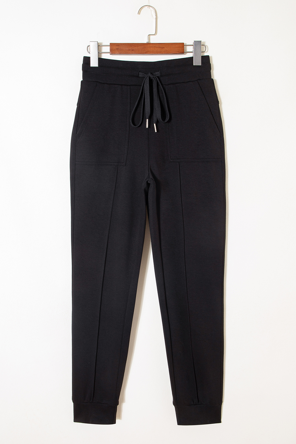 Black Exposed Seam Detail Skinny Drawstring Jogger Pants view 4