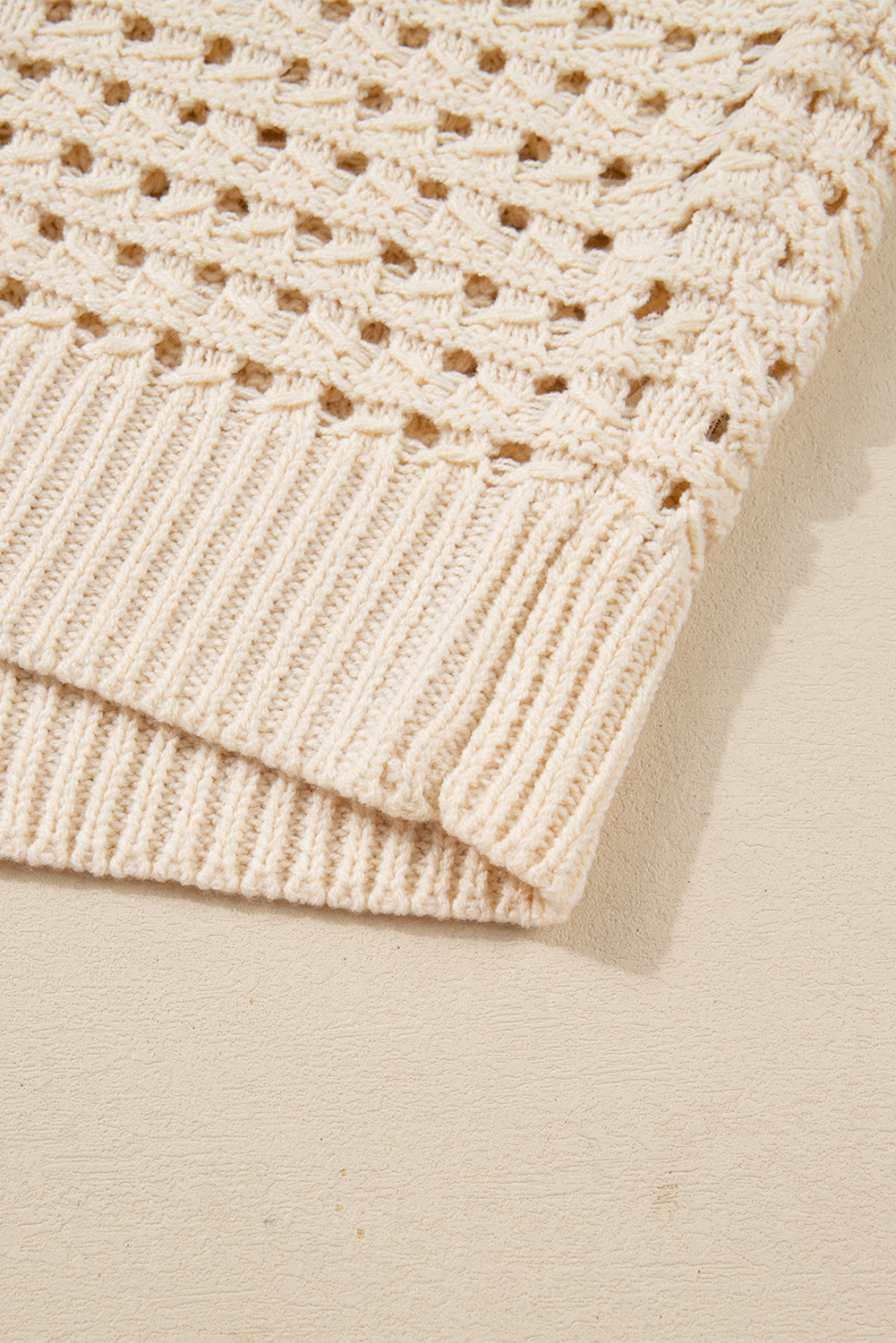 Beige Hollowed Pattern Knit Zip Up Drop Shoulder Sweater Cardigan view 20