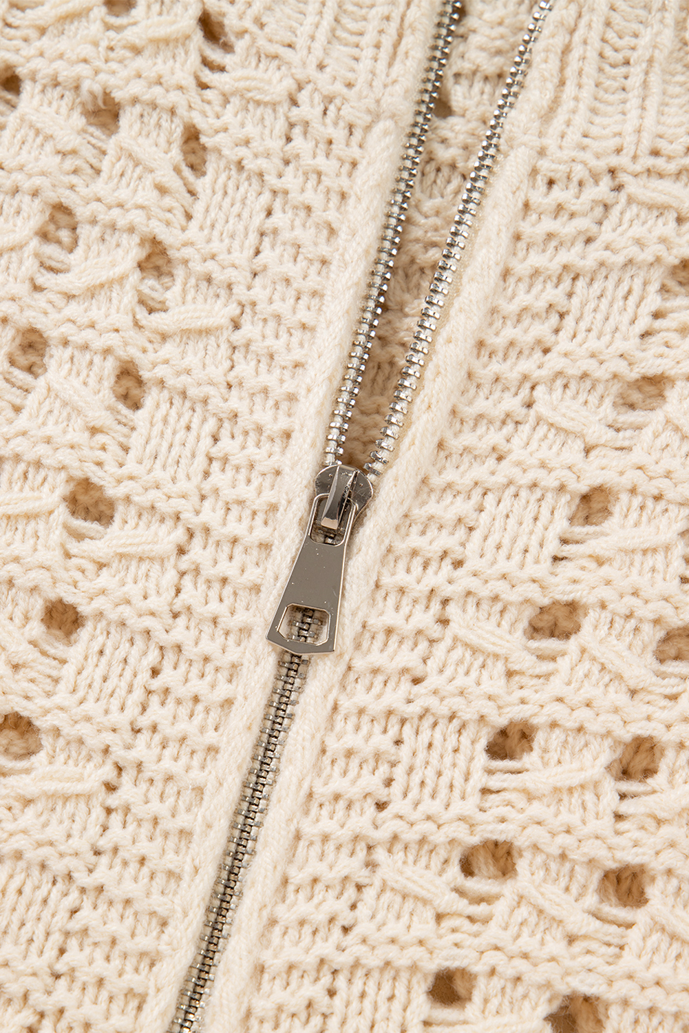 Beige Hollowed Pattern Knit Zip Up Drop Shoulder Sweater Cardigan view 22