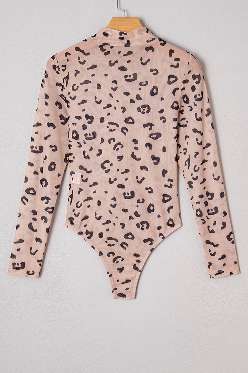 Khaki Mock Neck Sheer Mesh Leopard Long Sleeve Bodysuit view 13
