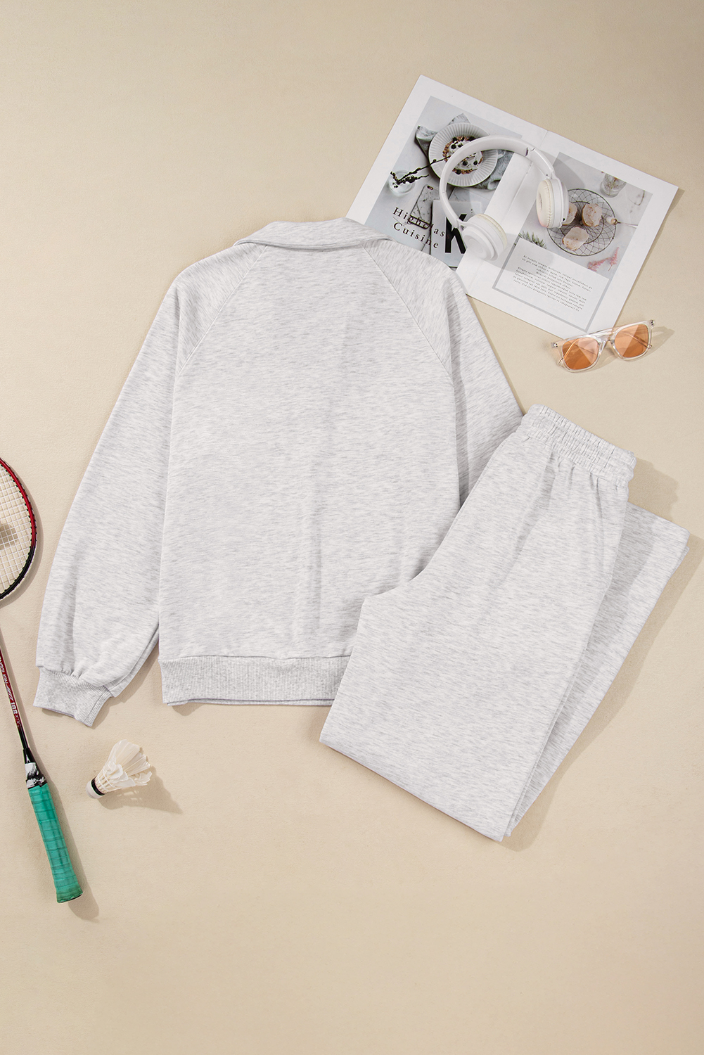 Light Grey Polo Collar V Neck Pullover and Drawstring Sweatpants Set view 13