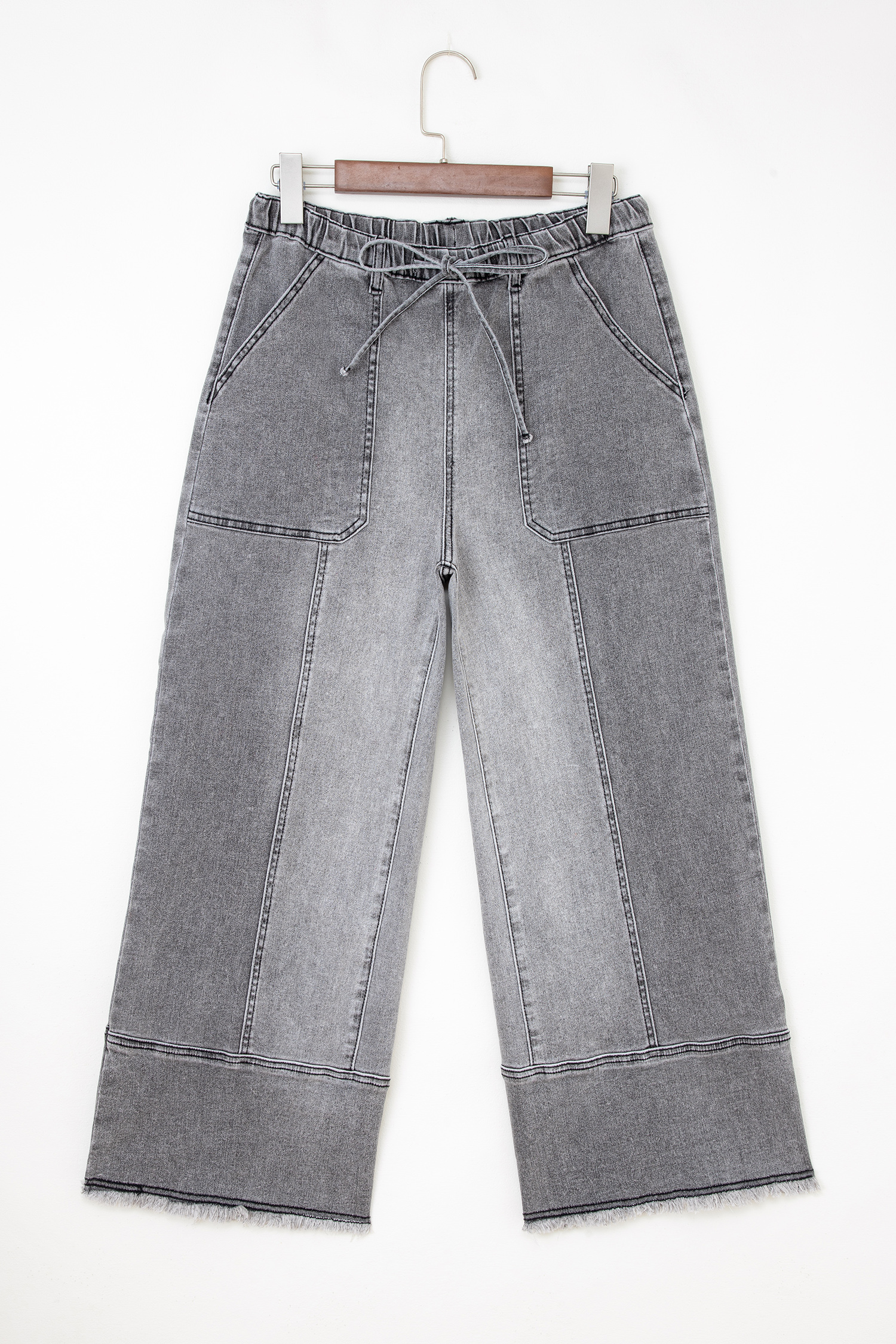 Gray Drawstring Seam Detail Raw Hem Wide Leg Denim Pants view 9