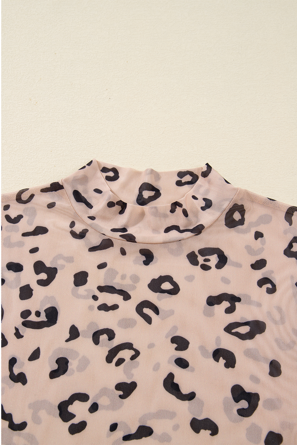 Khaki Mock Neck Sheer Mesh Leopard Long Sleeve Bodysuit view 14