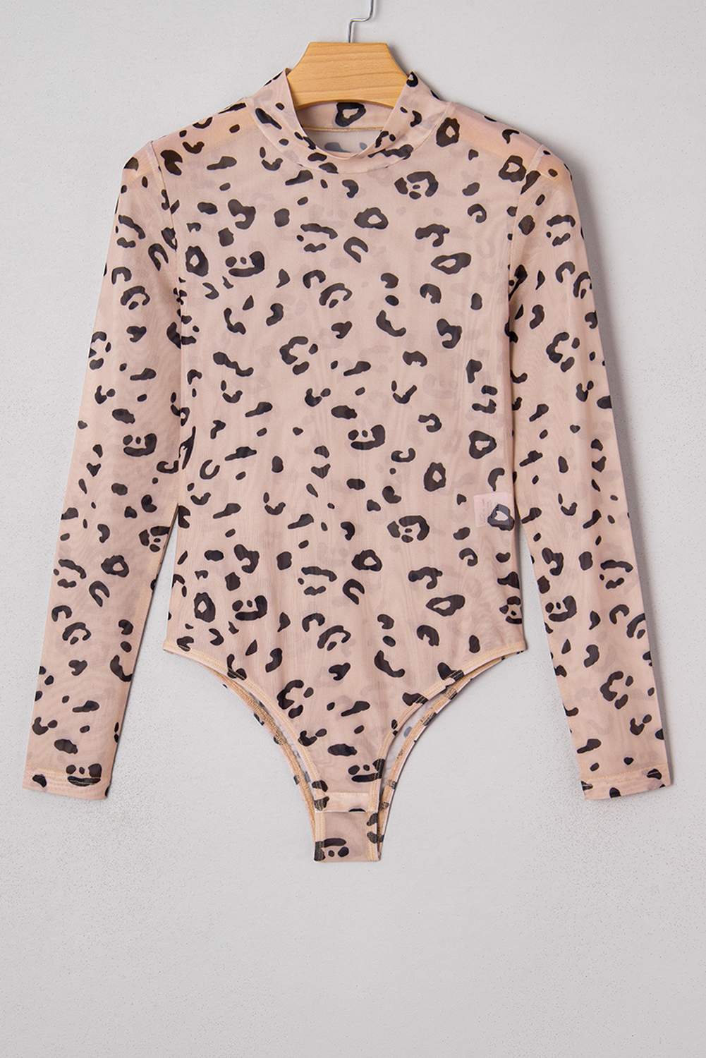 Khaki Mock Neck Sheer Mesh Leopard Long Sleeve Bodysuit view 12
