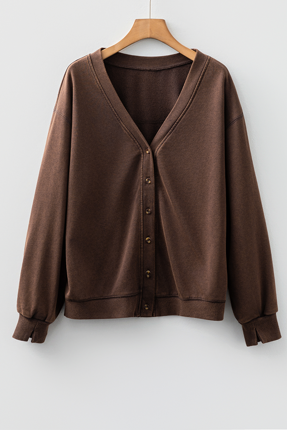 Coffee Button Front V Neck Casual Cardigan view 19
