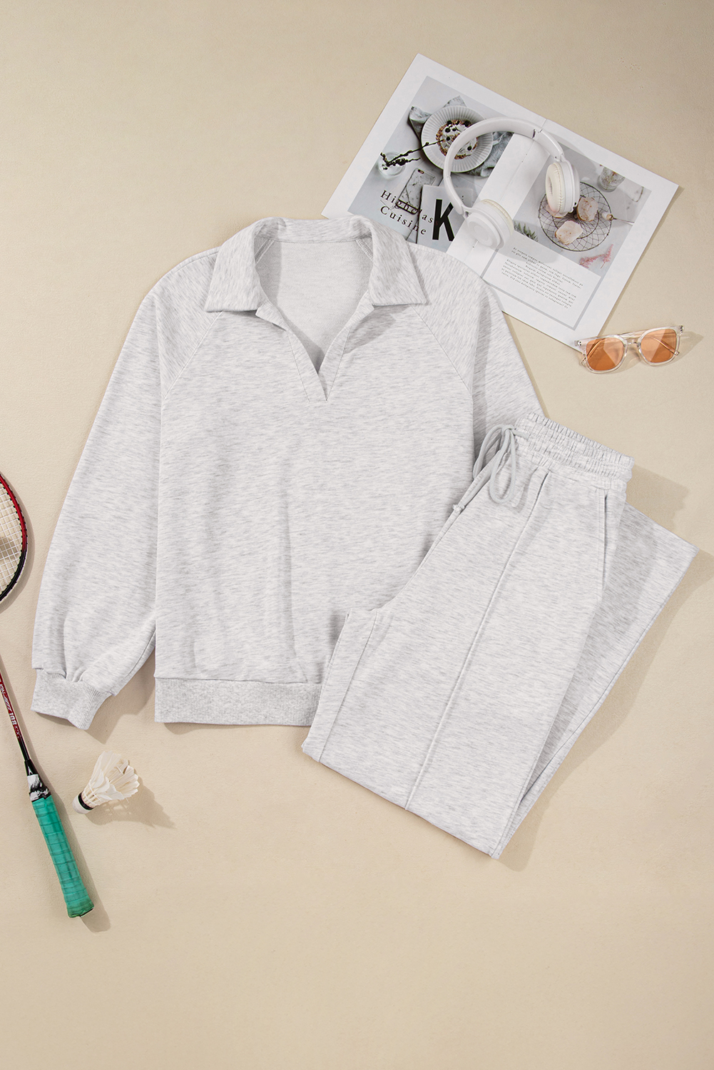 Light Grey Polo Collar V Neck Pullover and Drawstring Sweatpants Set view 12