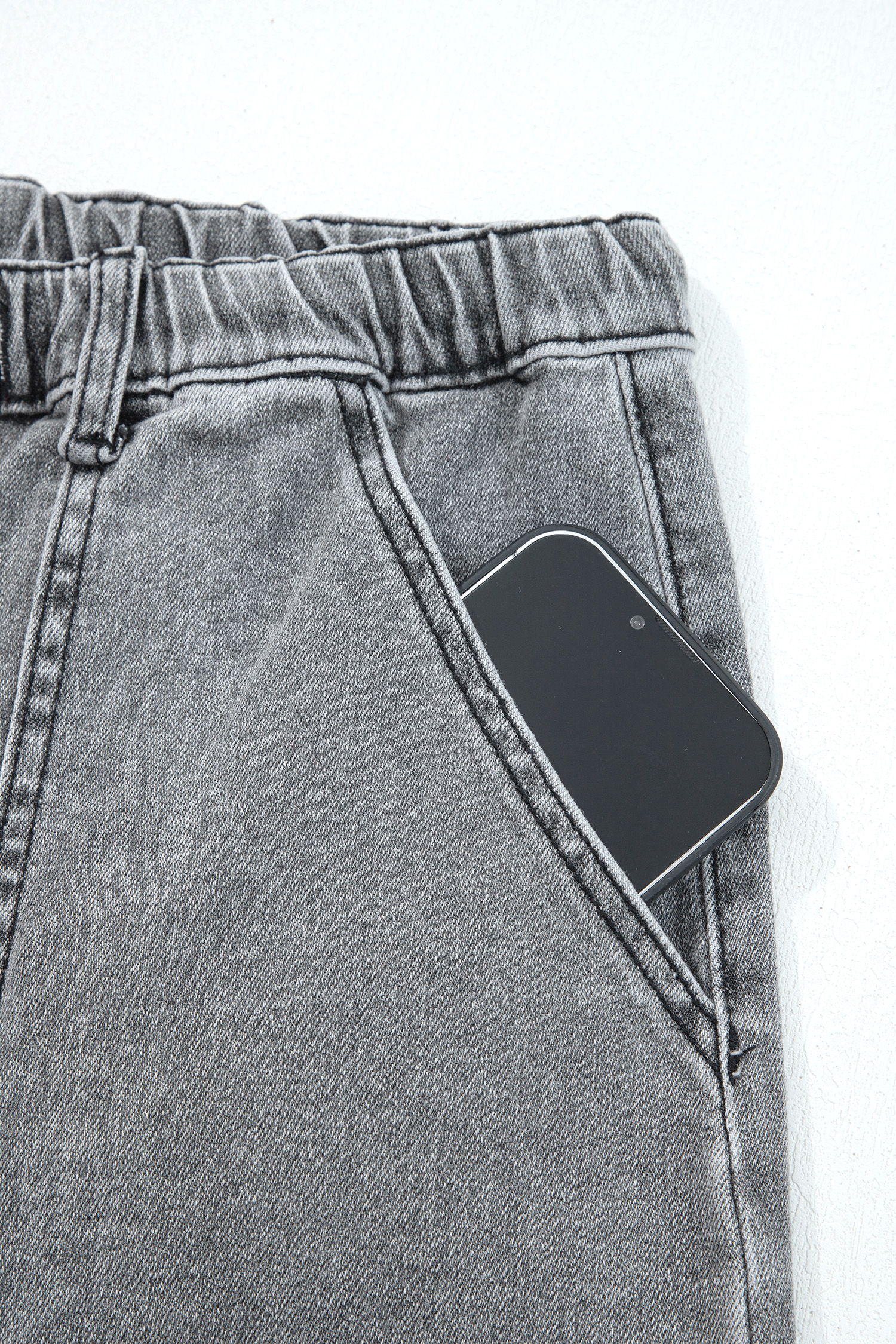 Gray Drawstring Seam Detail Raw Hem Wide Leg Denim Pants view 12