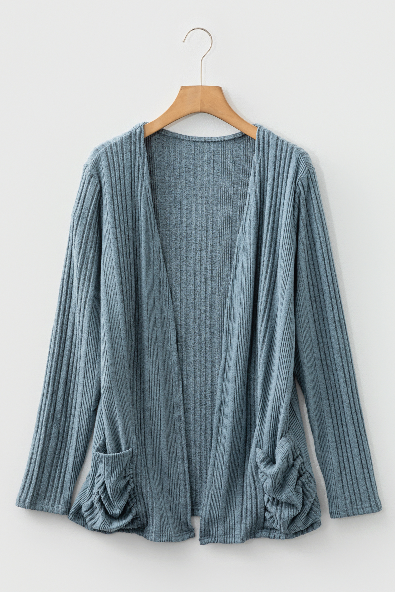 Stone Blue Ribbed Open Front Knitted Top with Pockets view 8