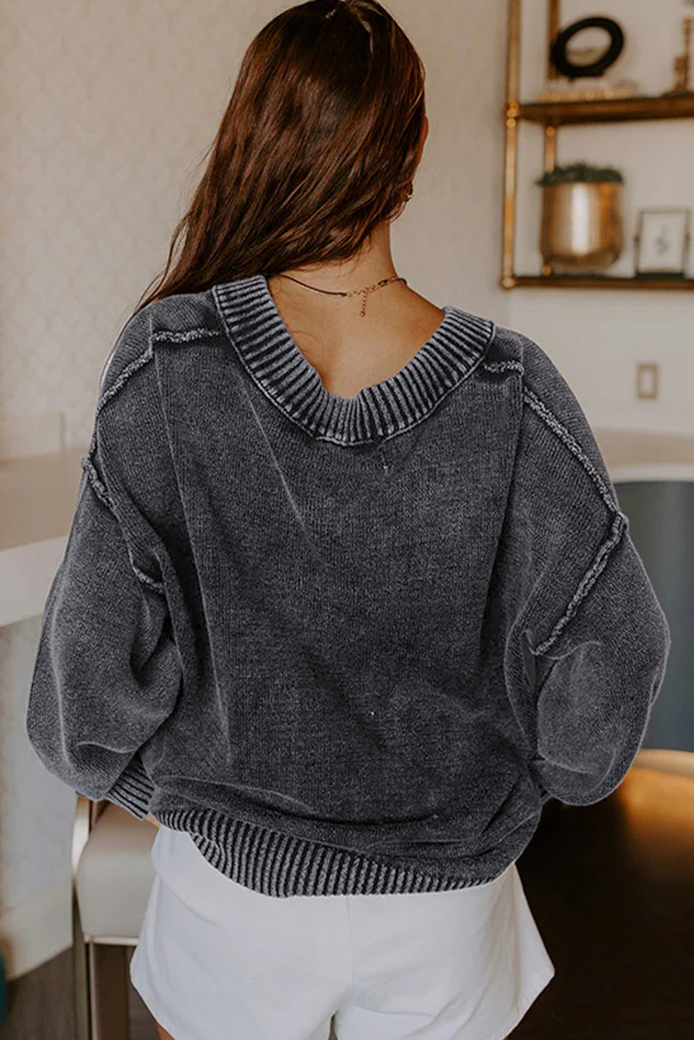 Black Mineral Wash V Neck Knit Exposed Seam Drop Shoulder Loose Sweater view 7
