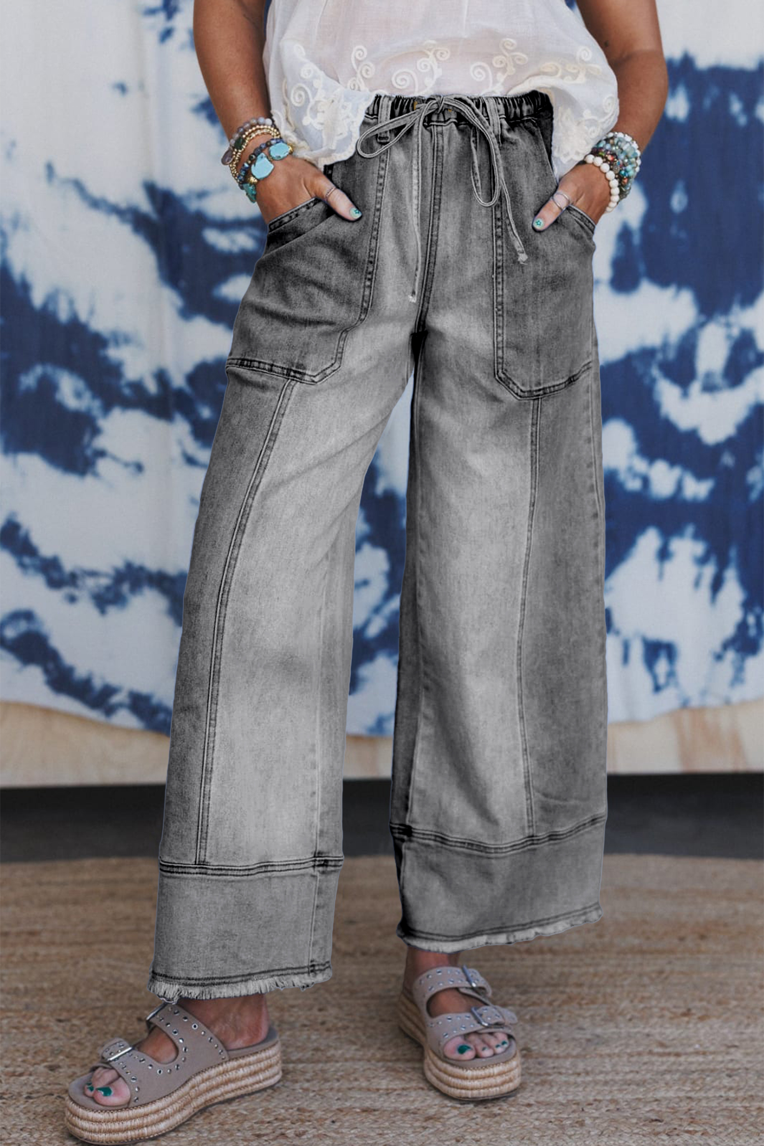 Gray Drawstring Seam Detail Raw Hem Wide Leg Denim Pants view 6
