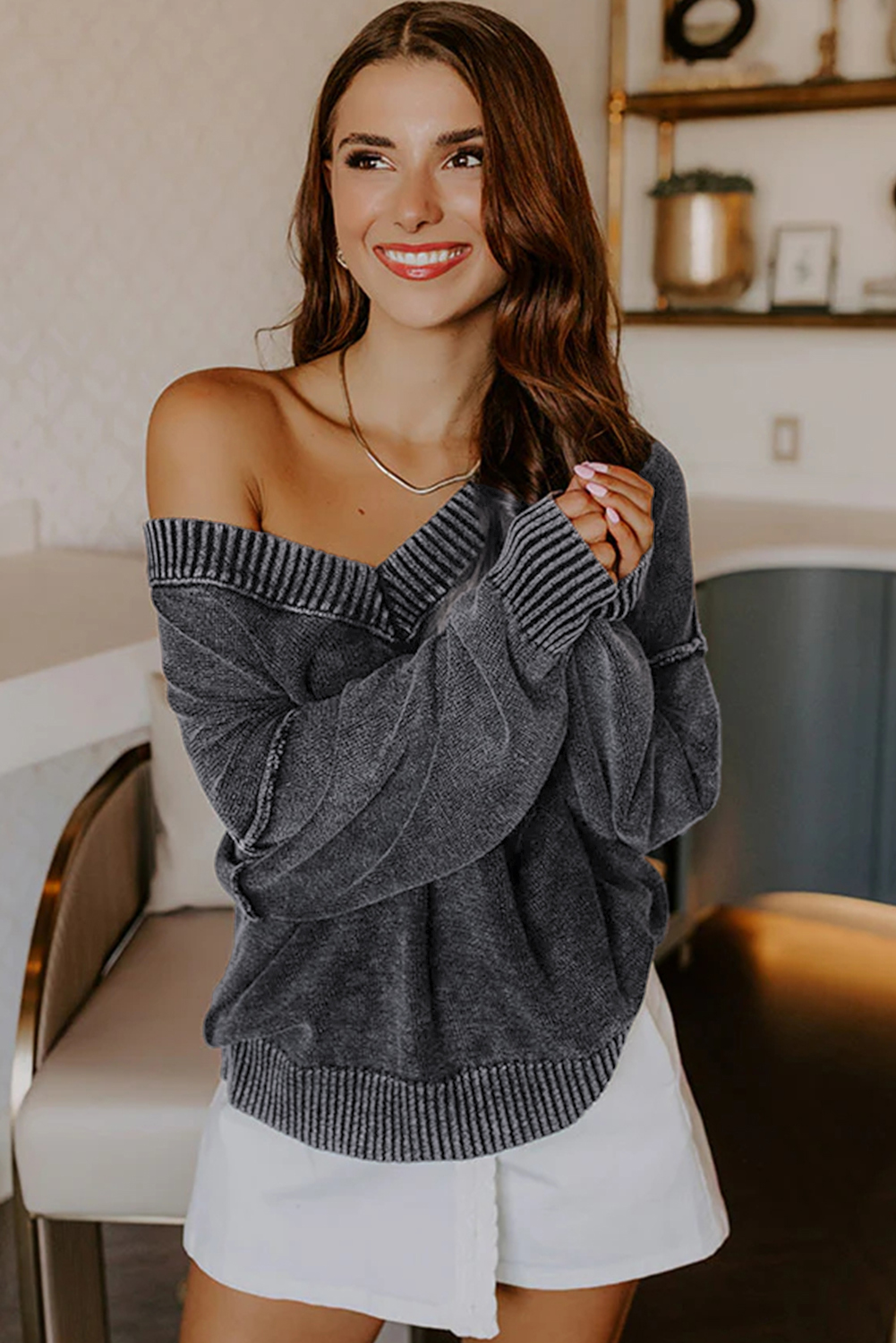 Black Mineral Wash V Neck Knit Exposed Seam Drop Shoulder Loose Sweater view 10