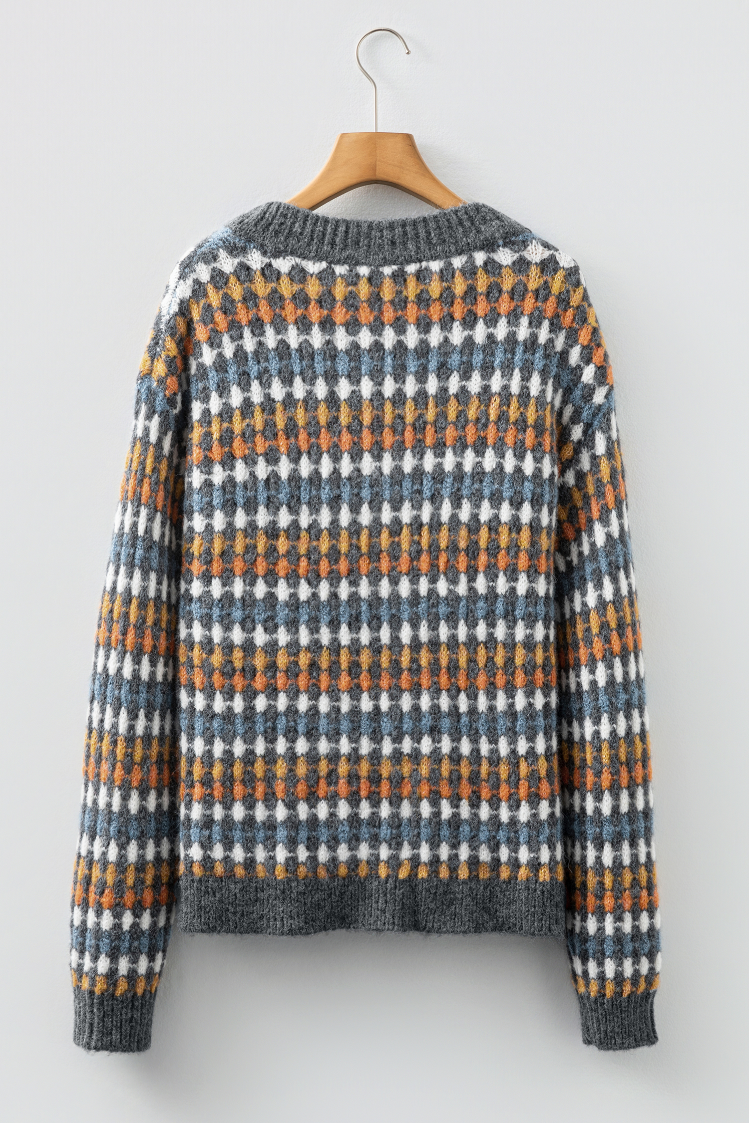 Gray Dotty Pattern Knit Button Front V Neck Sweater Cardigan view 7