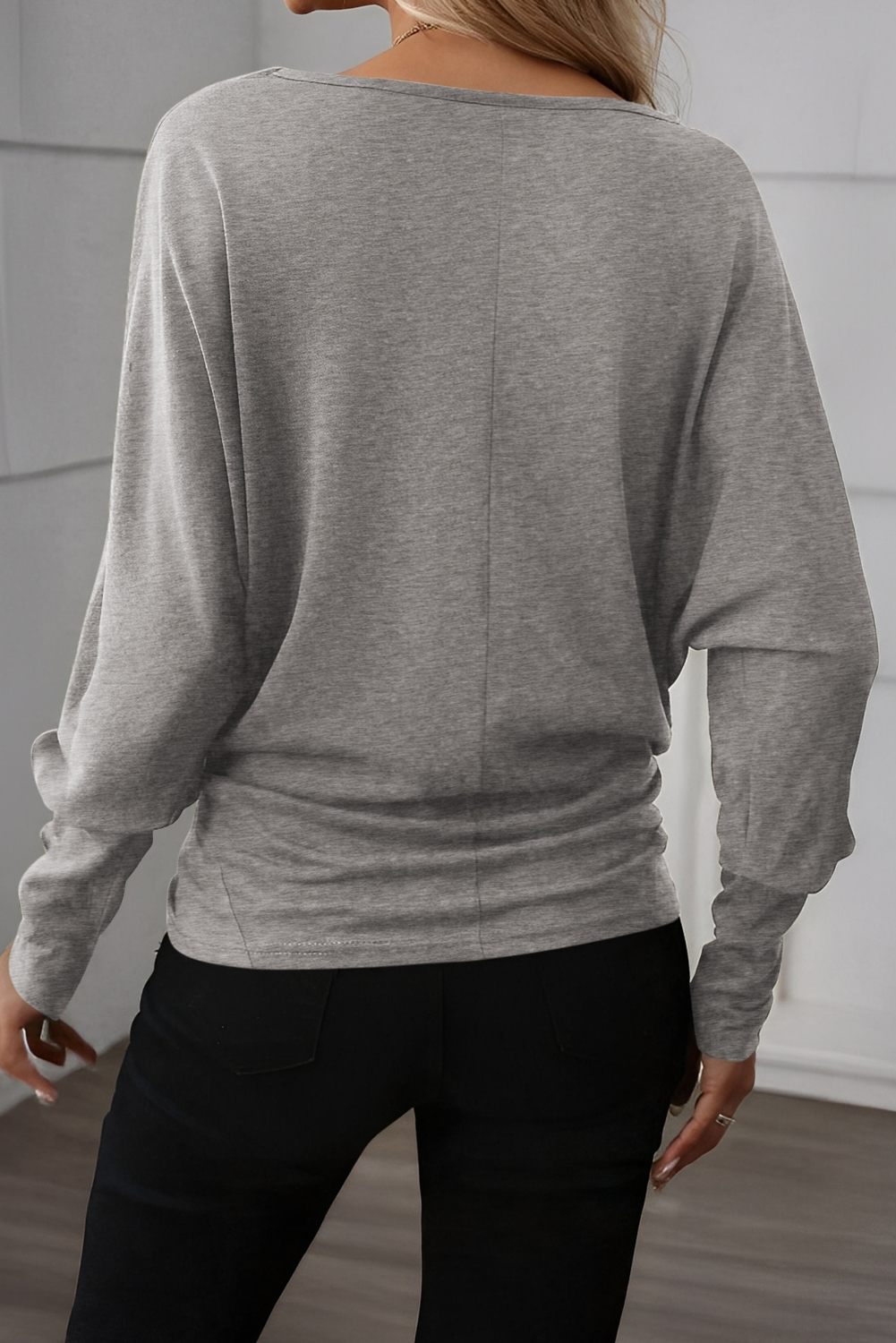 Light Grey Solid Color Extended Cuffs Long Sleeve Top view 2