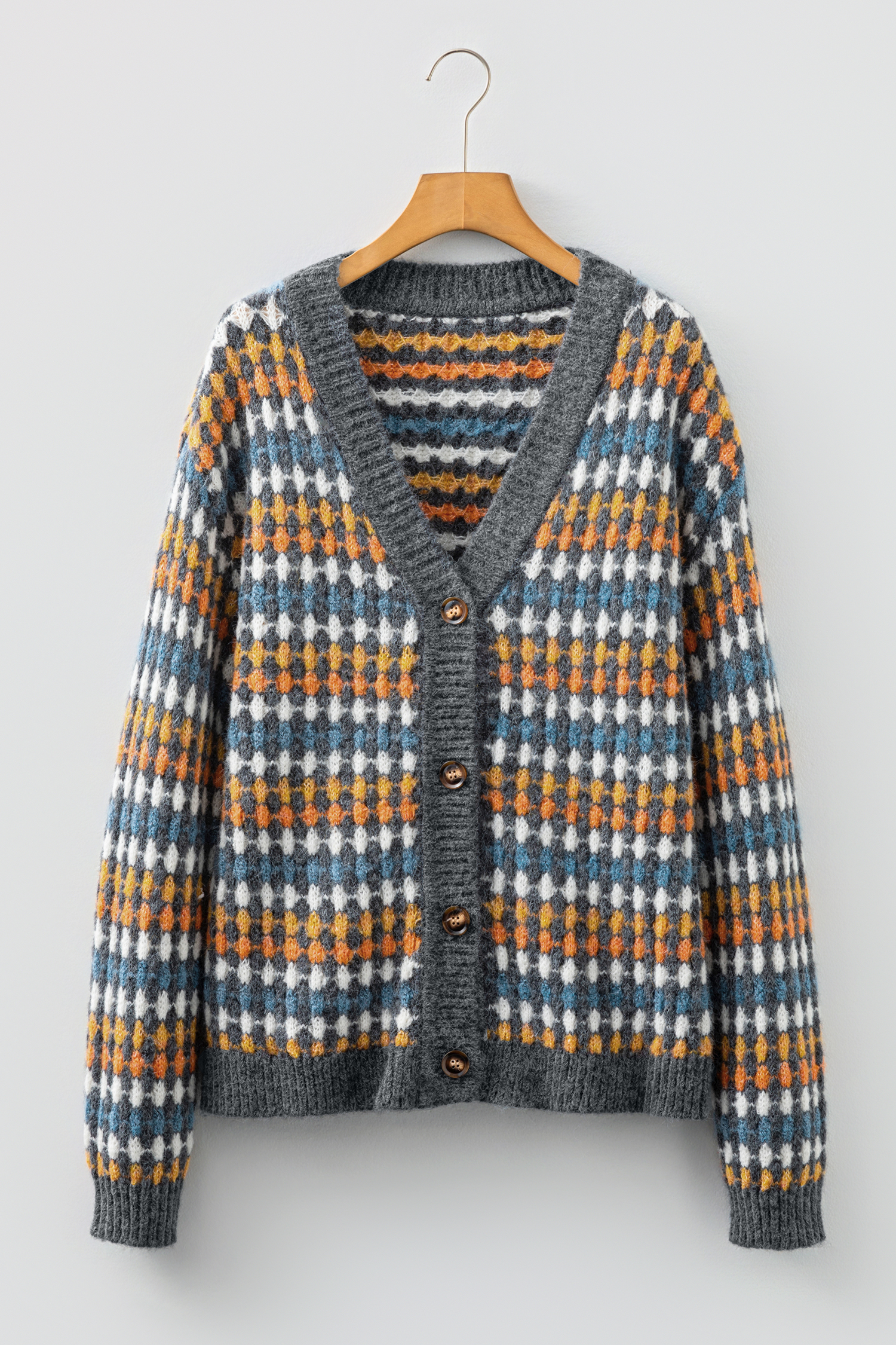 Gray Dotty Pattern Knit Button Front V Neck Sweater Cardigan view 6