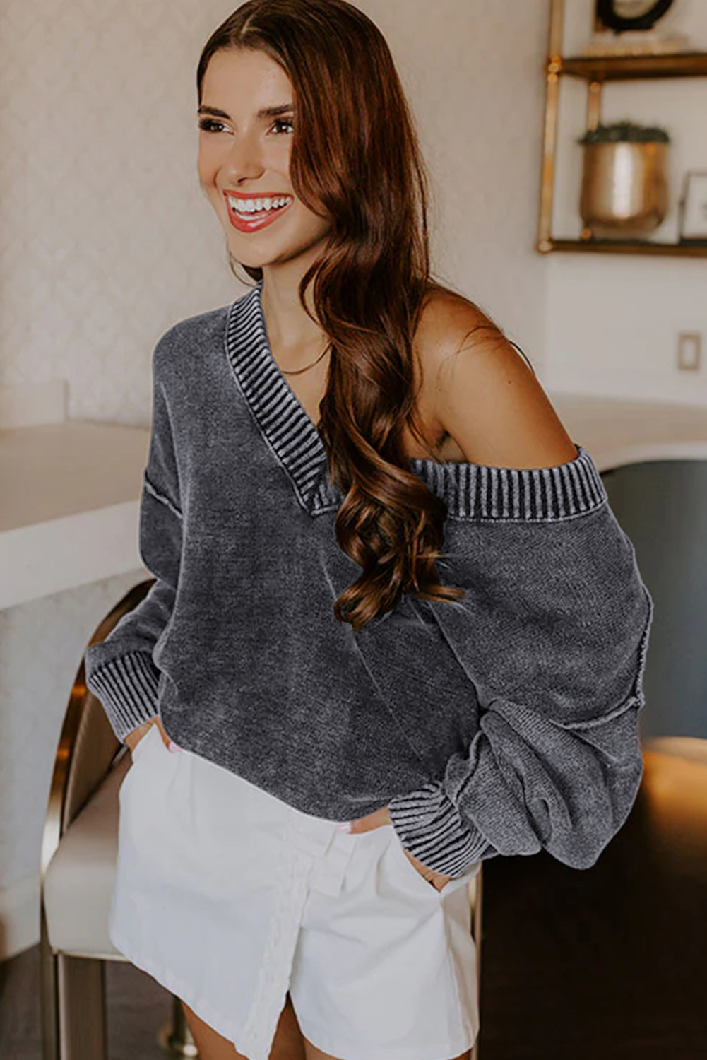 Black Mineral Wash V Neck Knit Exposed Seam Drop Shoulder Loose Sweater view 11