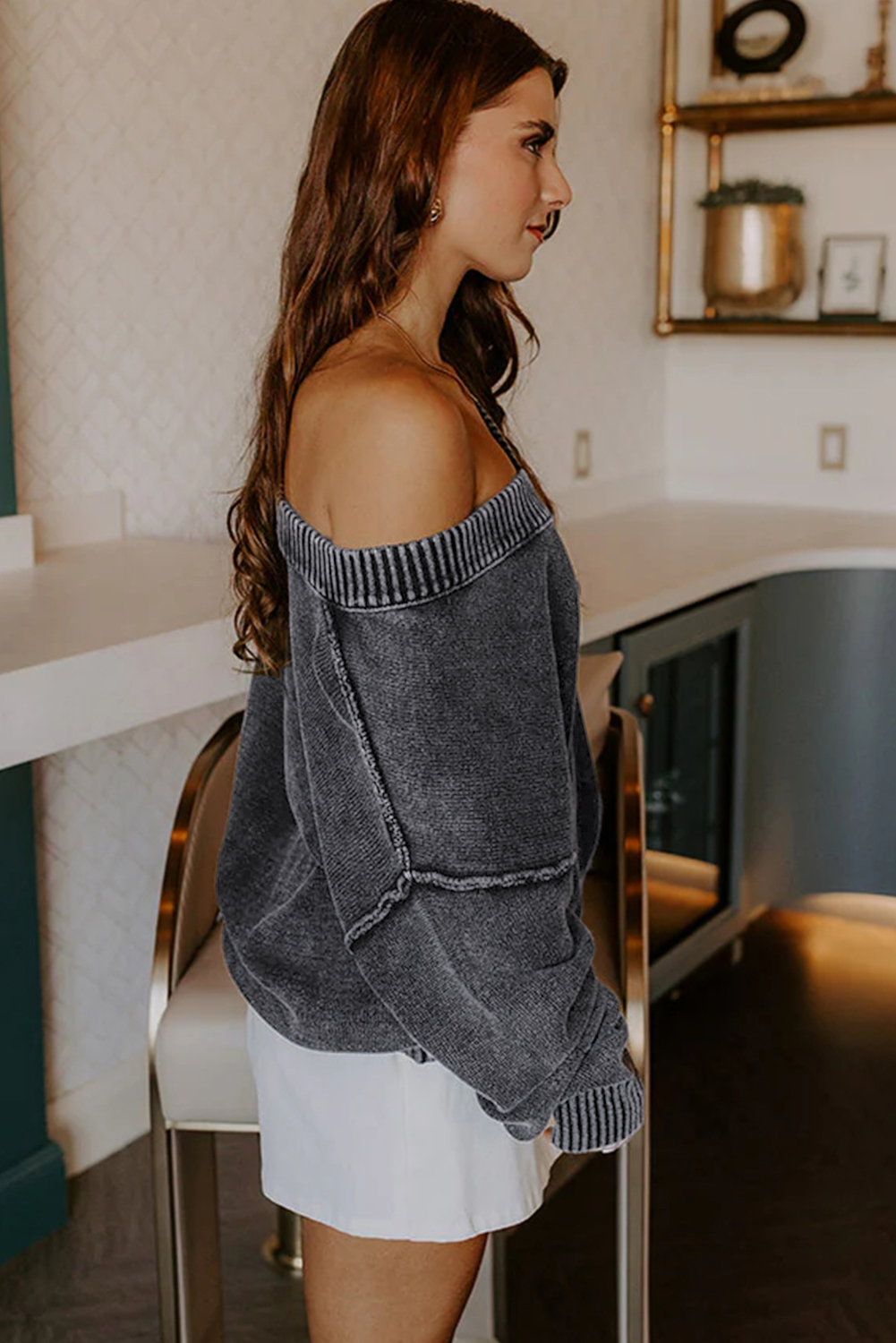 Black Mineral Wash V Neck Knit Exposed Seam Drop Shoulder Loose Sweater view 8