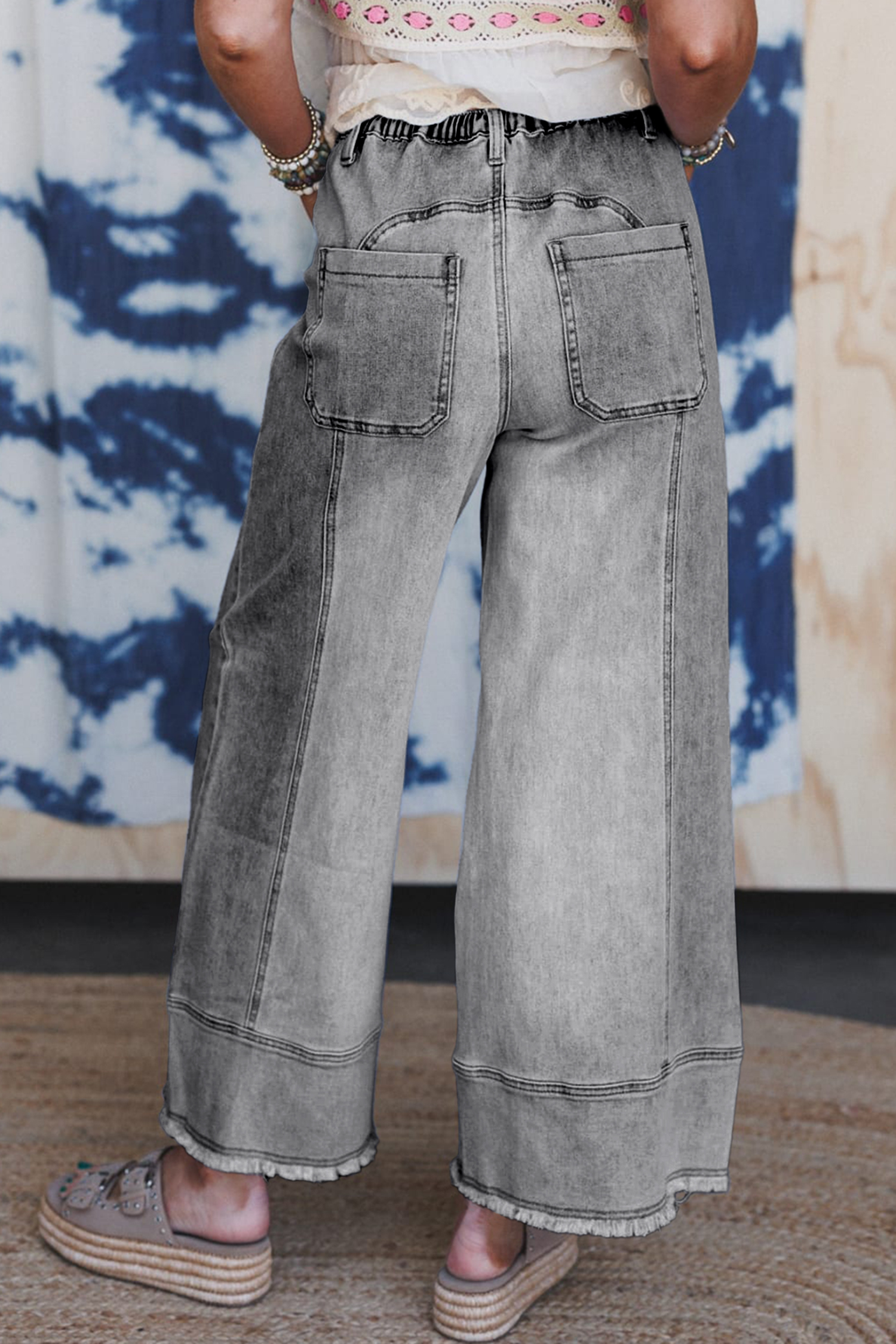 Gray Drawstring Seam Detail Raw Hem Wide Leg Denim Pants view 7
