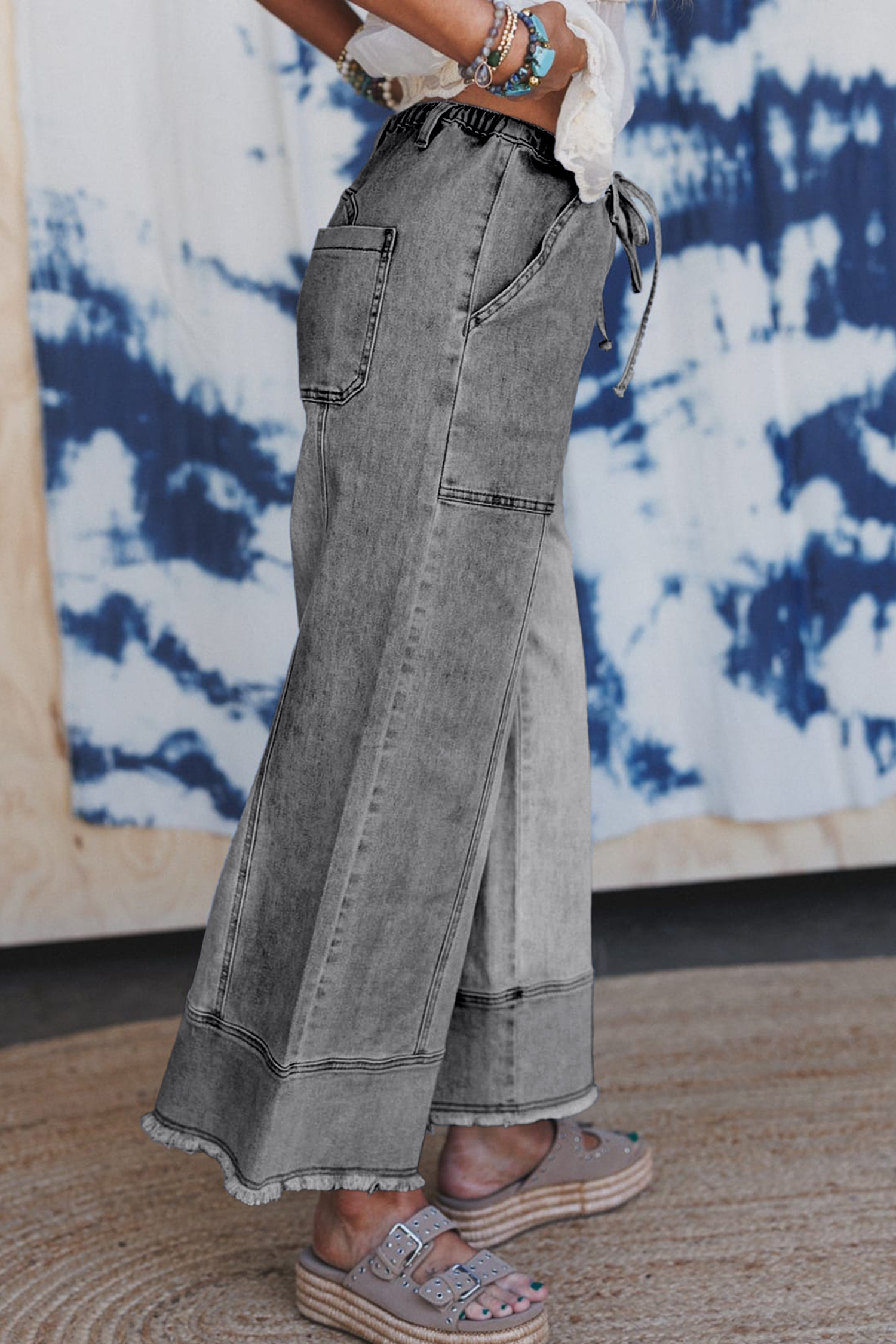 Gray Drawstring Seam Detail Raw Hem Wide Leg Denim Pants view 8