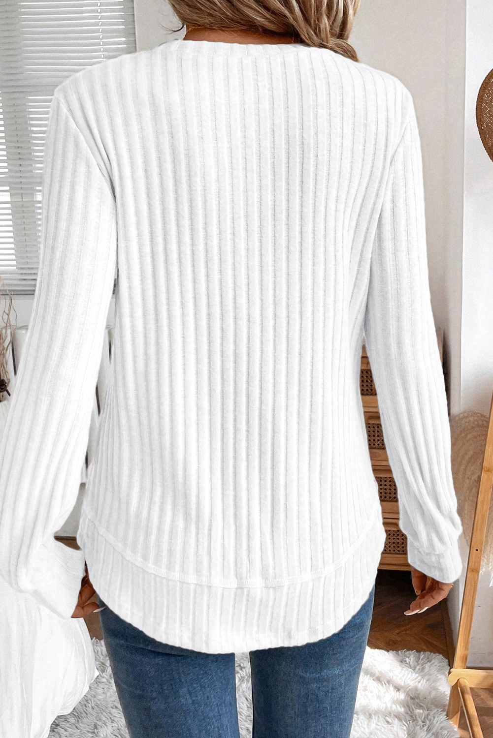White Ribbed Texture Round Neck Long Sleeve Rounded Hem Knit Top view 2