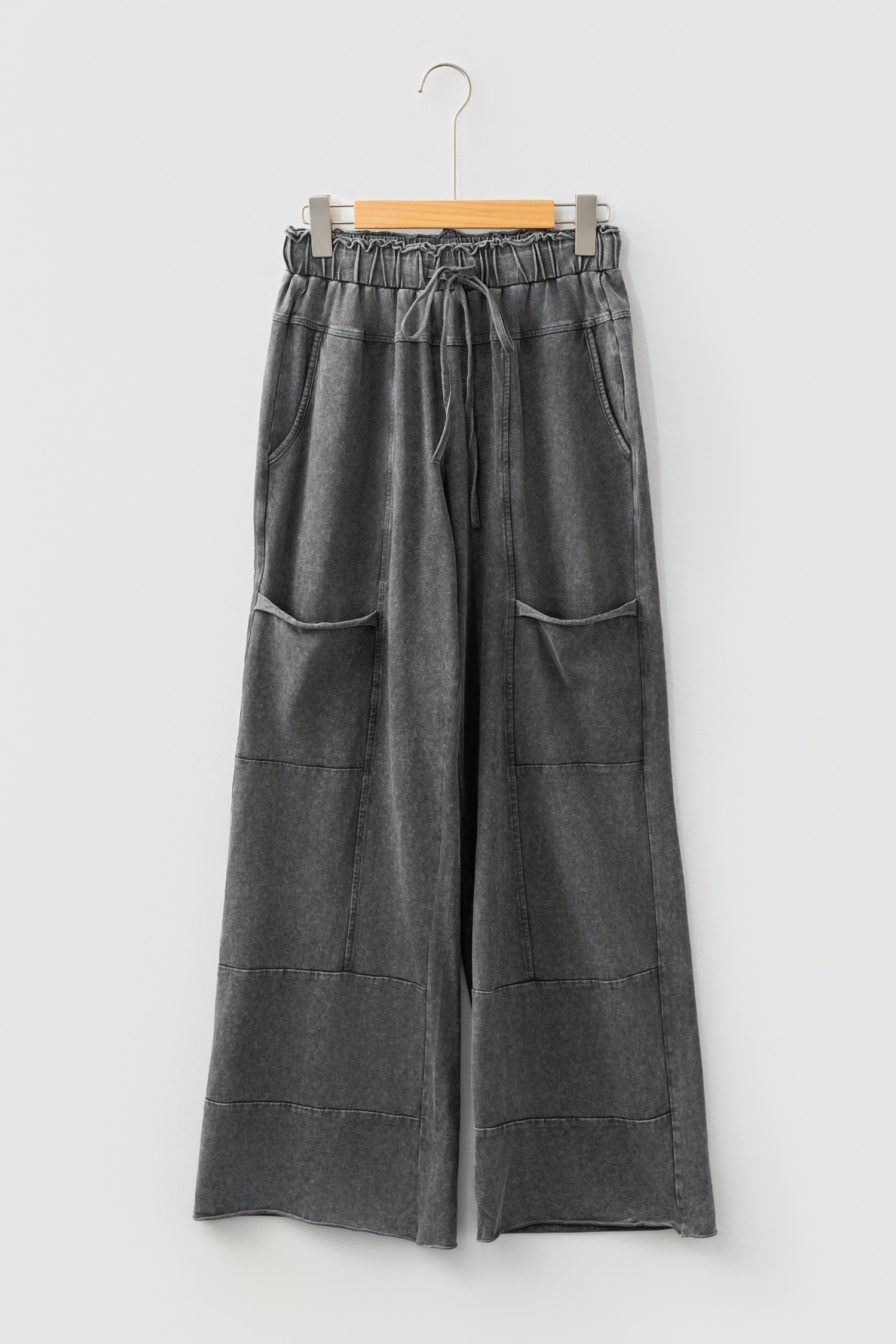 Medium Grey Mineral Wash Lace-up High Waist Raw Hem Patched Pocket Pants view 6