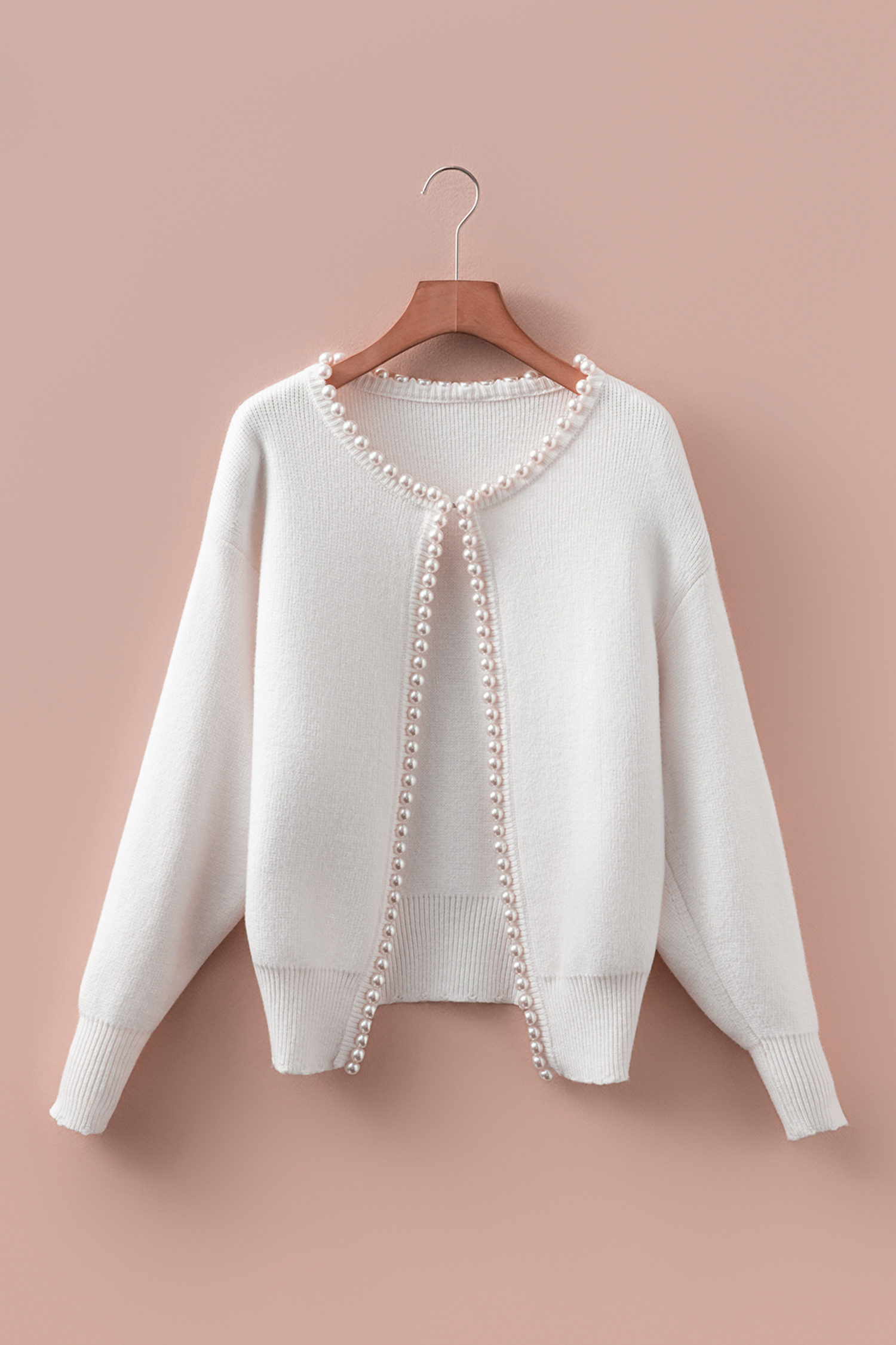 White Pearl Embellished Open Front Elegant Cardigan view 10
