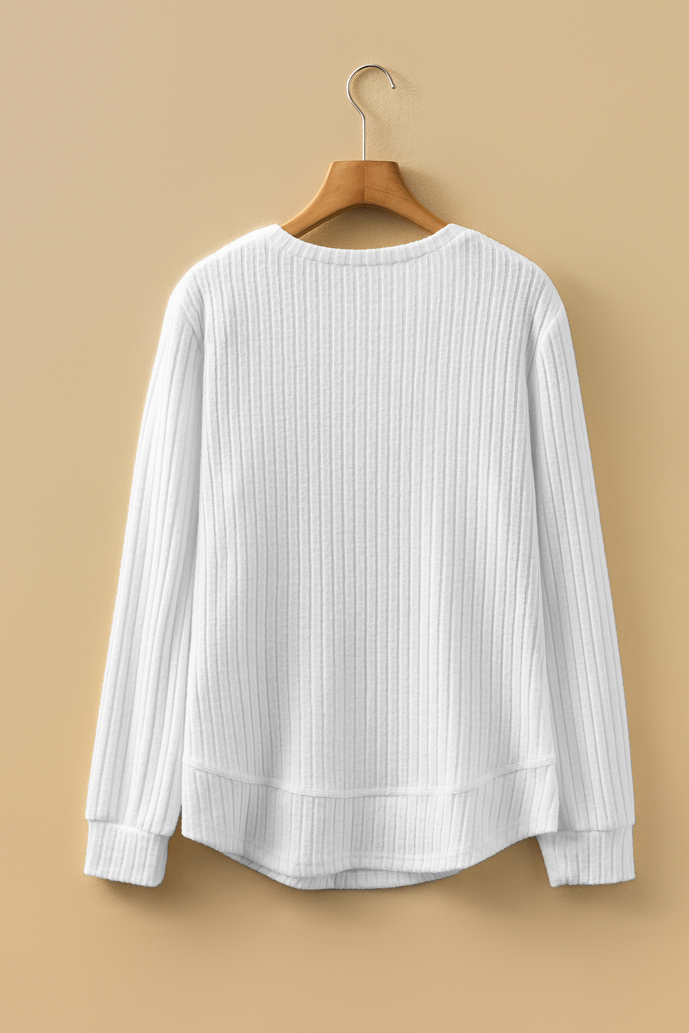 White Ribbed Texture Round Neck Long Sleeve Rounded Hem Knit Top view 7