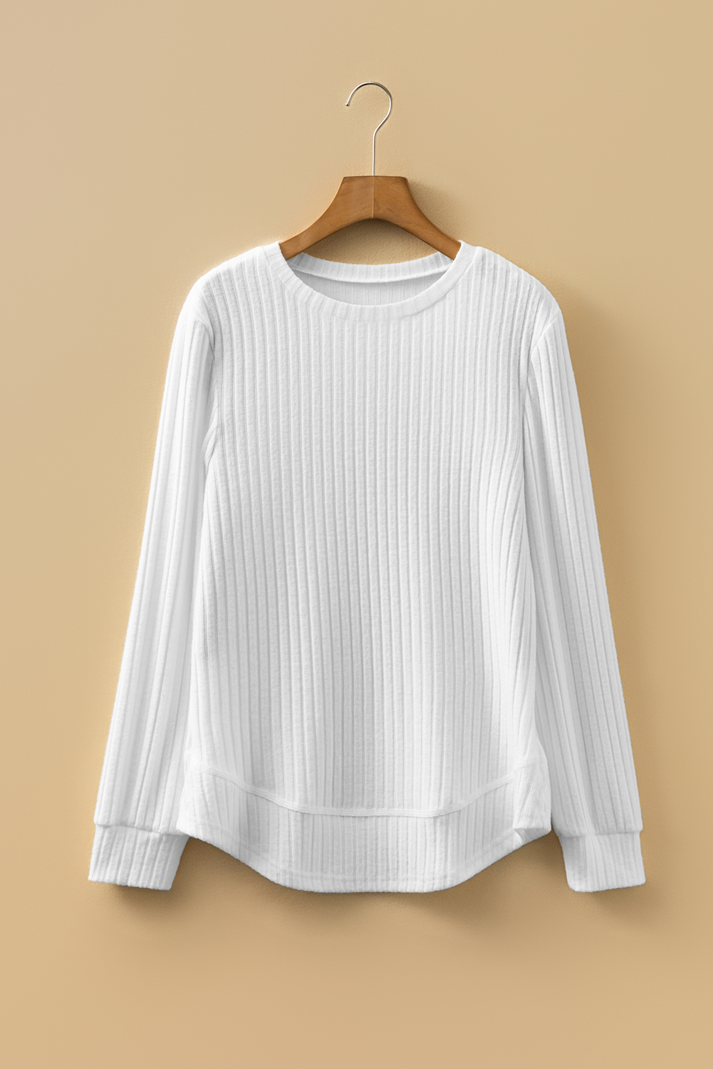 White Ribbed Texture Round Neck Long Sleeve Rounded Hem Knit Top view 6