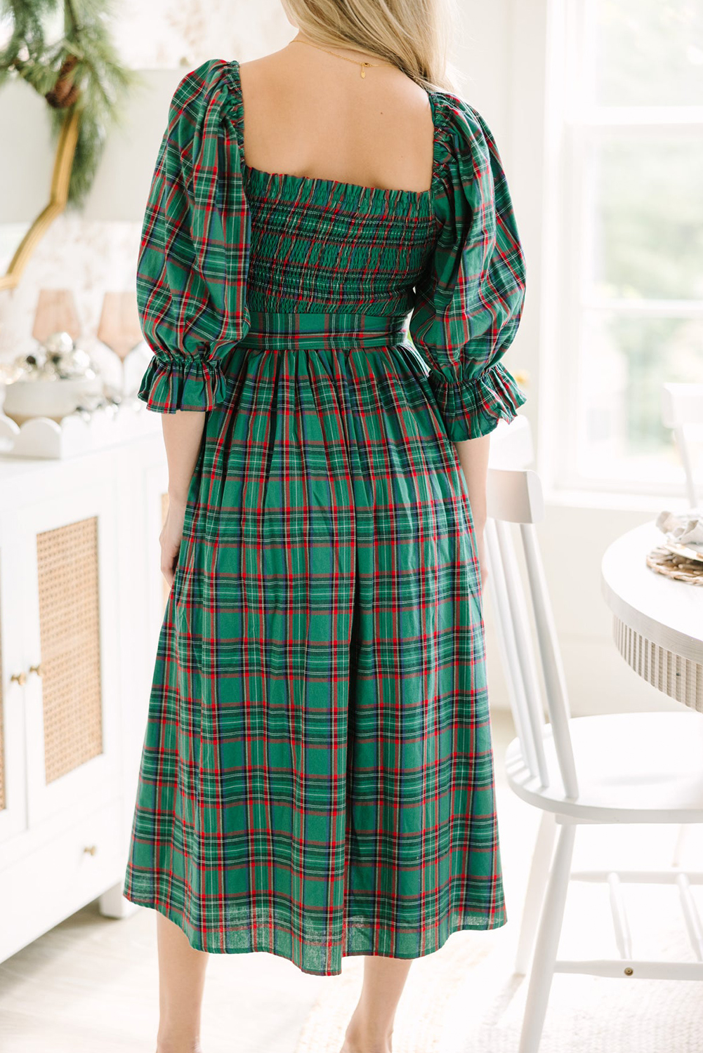Green Tartan Plaid Square Neck Puff Sleeve Knot Waist Flared Midi Dress view 7