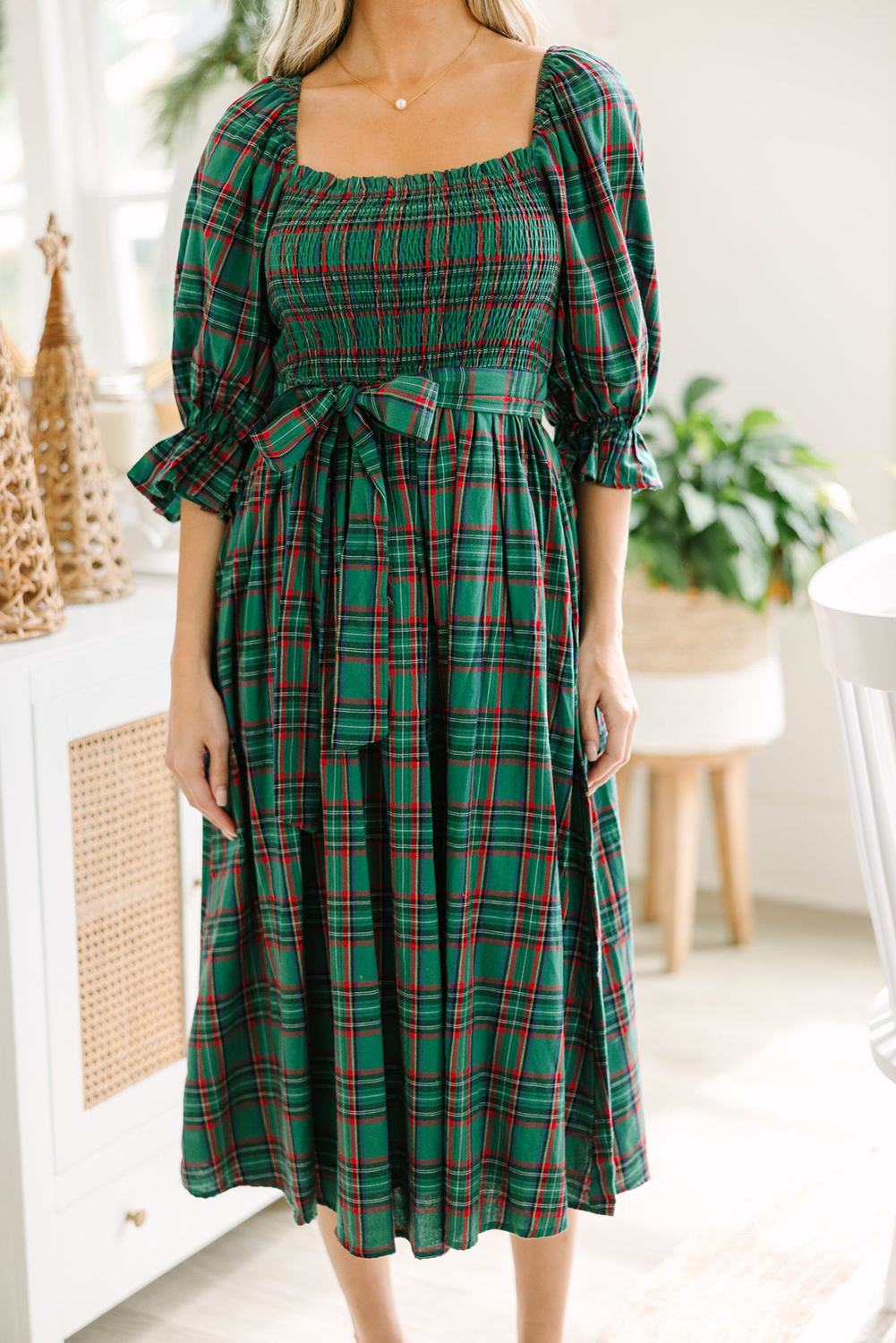 Green Tartan Plaid Square Neck Puff Sleeve Knot Waist Flared Midi Dress view 9