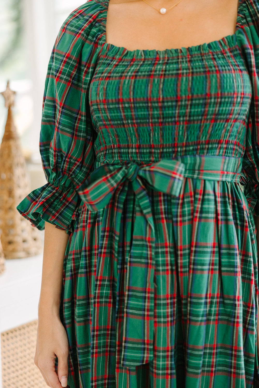 Green Tartan Plaid Square Neck Puff Sleeve Knot Waist Flared Midi Dress view 8