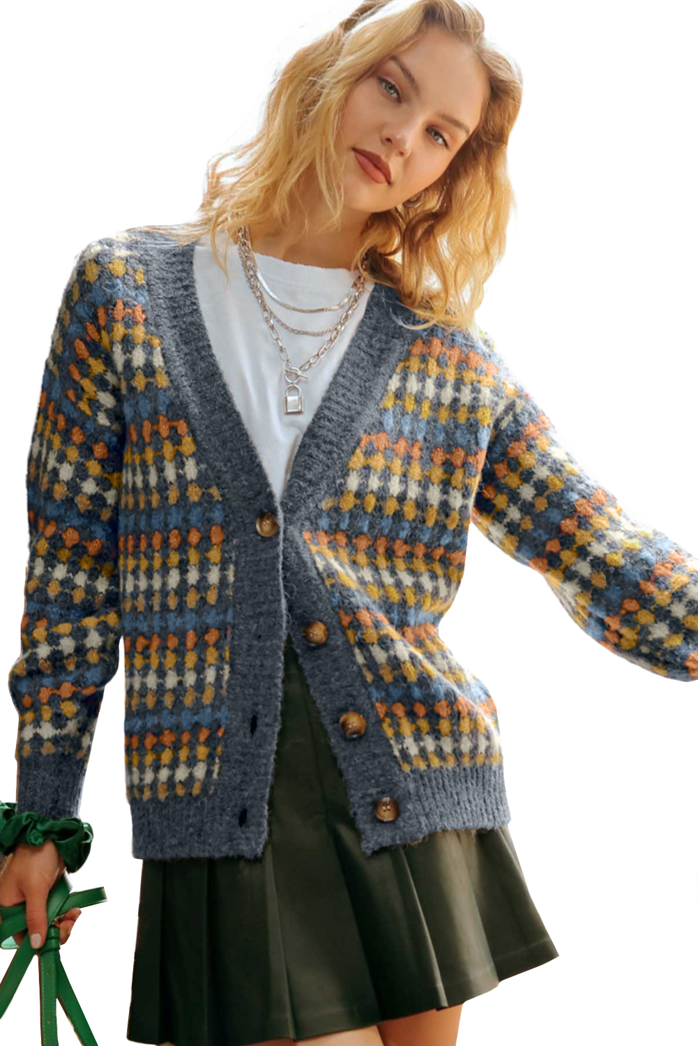 Gray Dotty Pattern Knit Button Front V Neck Sweater Cardigan view 13