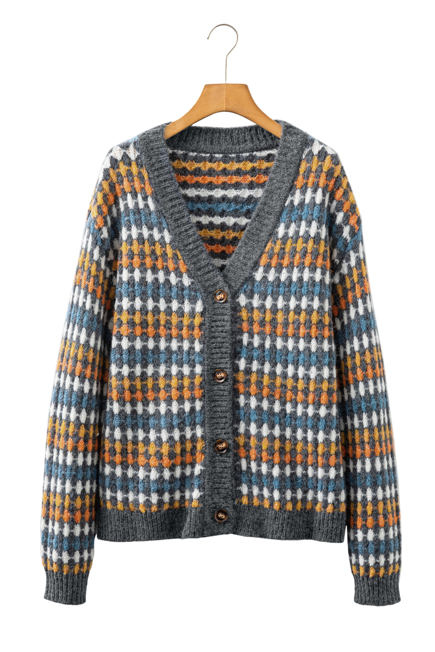 Gray Dotty Pattern Knit Button Front V Neck Sweater Cardigan view 15