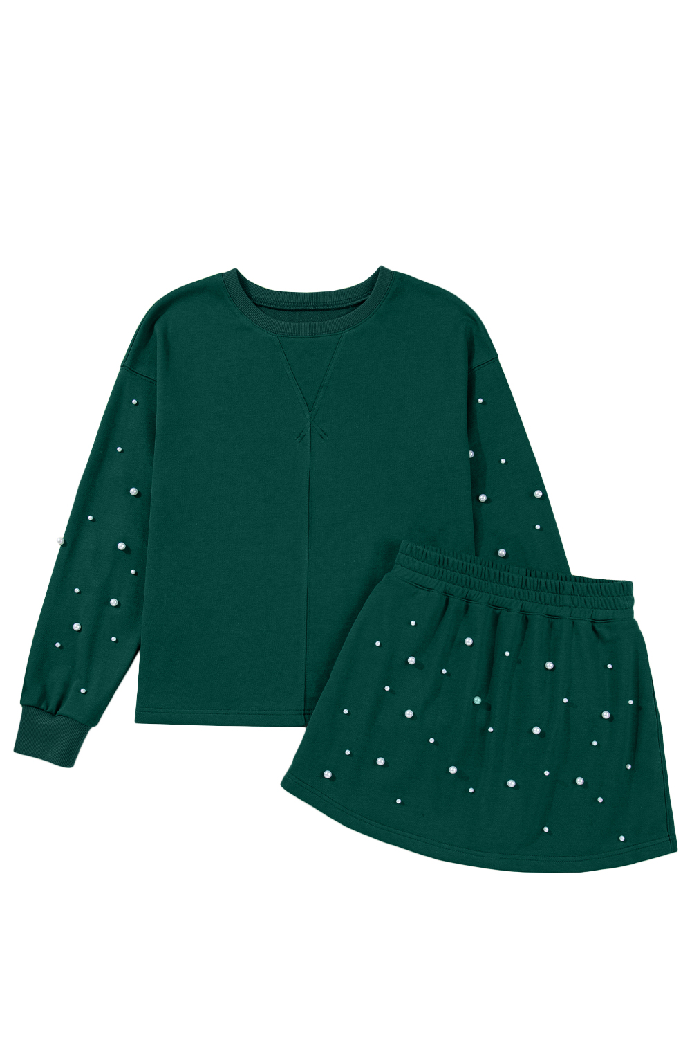 Dark Green Pearl Embellished Drop Shoulder Pullover Elastic Waist Mini Skirt Set view 25