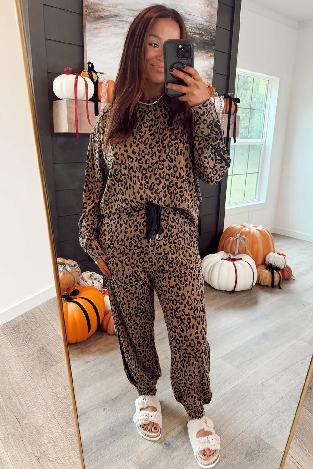 Brown Varsity Striped Trim Leopard Long Sleeve Top Drawstring Pant Set view 10