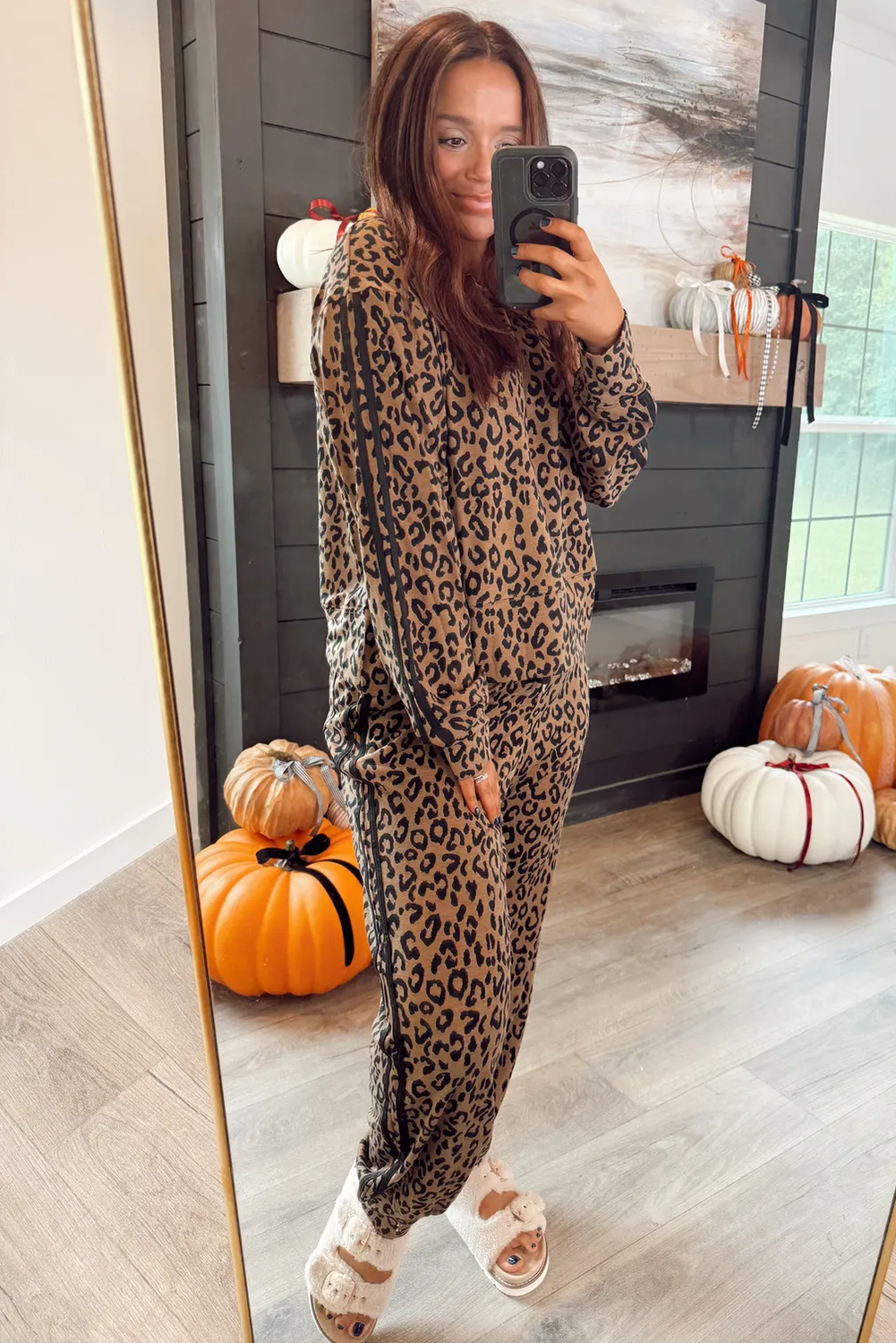 Brown Varsity Striped Trim Leopard Long Sleeve Top Drawstring Pant Set view 2