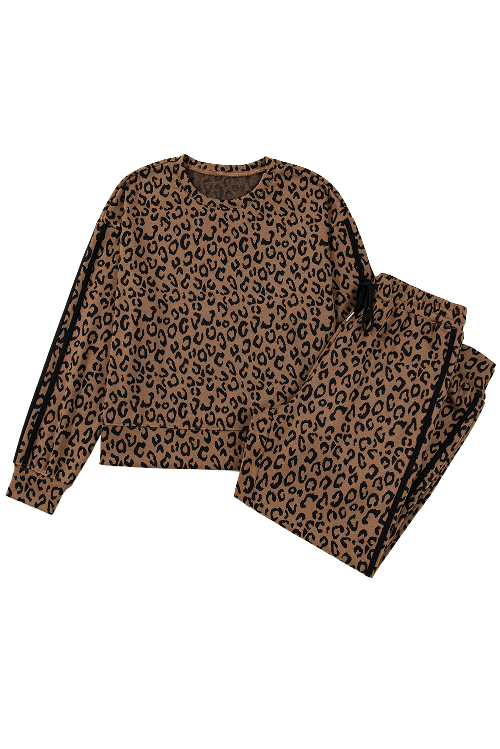 Brown Varsity Striped Trim Leopard Long Sleeve Top Drawstring Pant Set view 24
